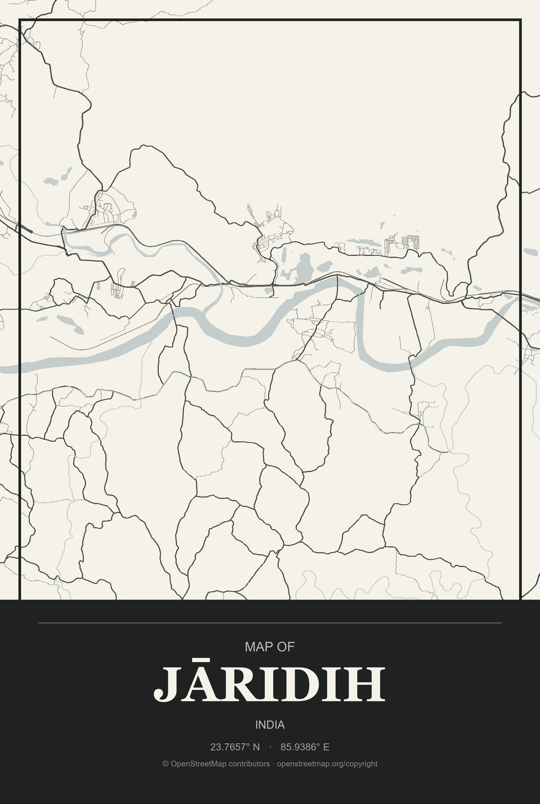 Jāridih, India City Map Aluminum Sign in Museum Plaque style