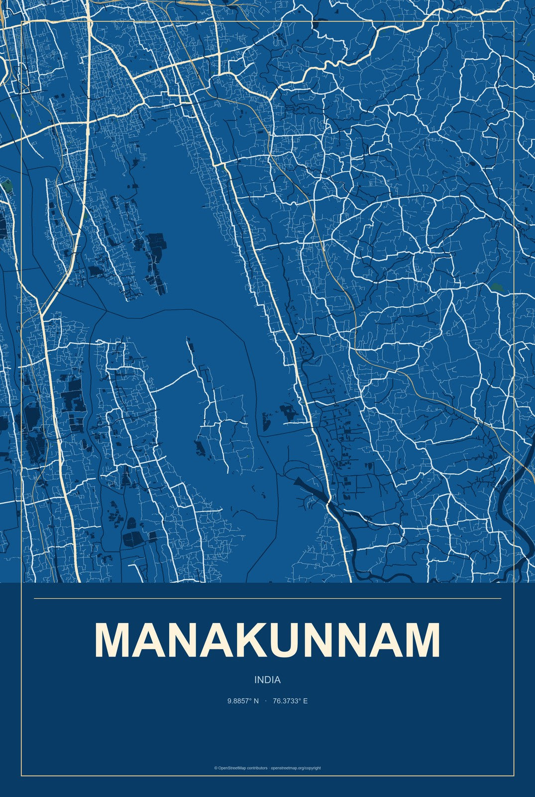 Manakunnam, India City Map Aluminum Sign in Harbor Cobalt style