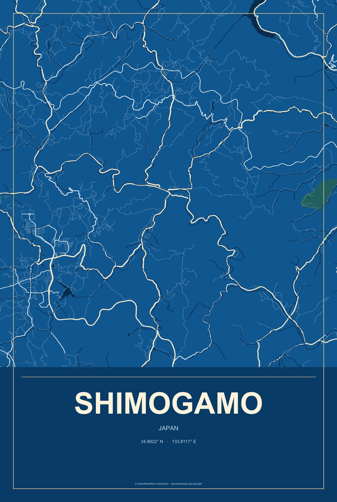 Shimogamo, Japan City Map Aluminum Sign in Harbor Cobalt style