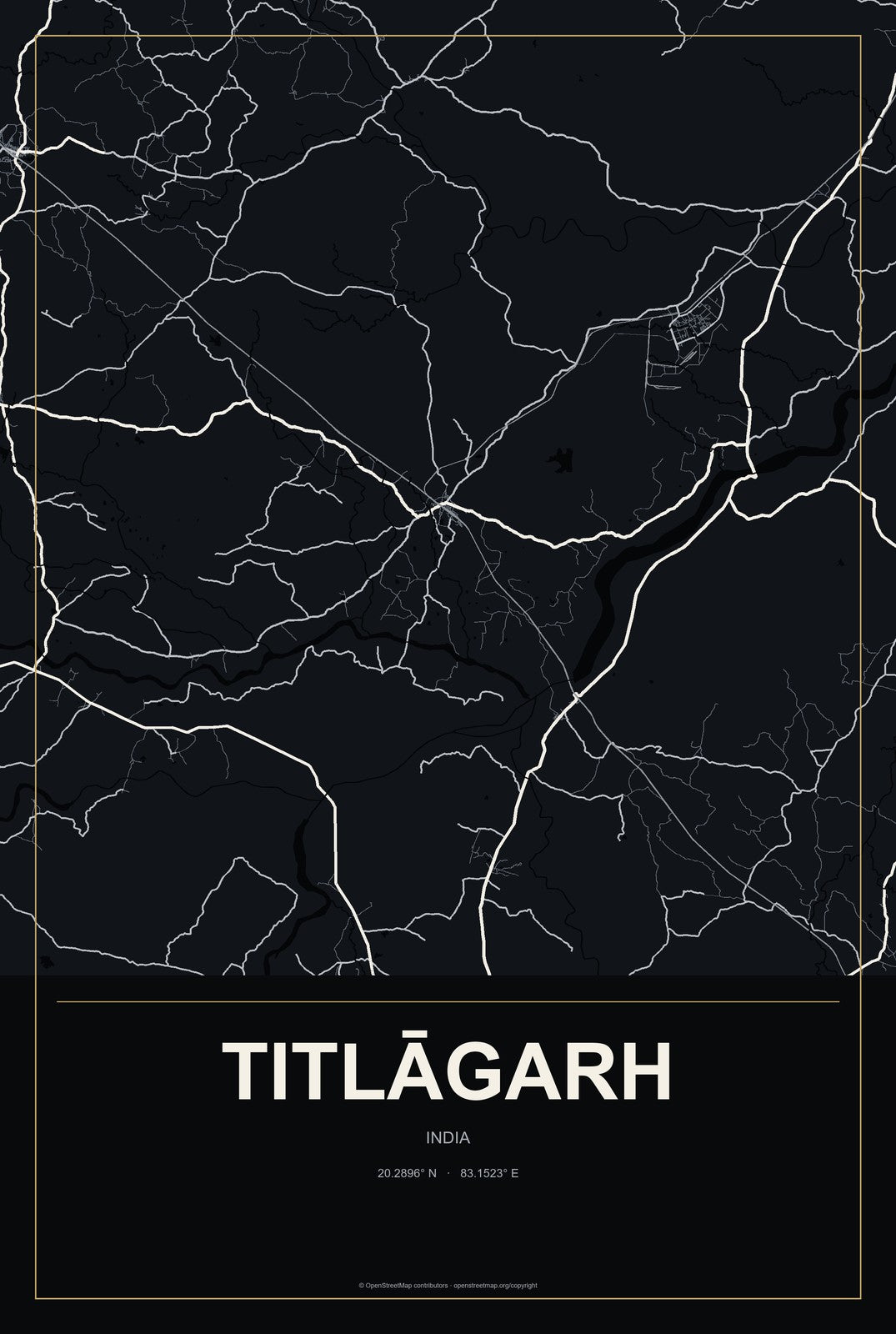 Titlāgarh, India City Map Aluminum Sign in Metropolitan Noir style
