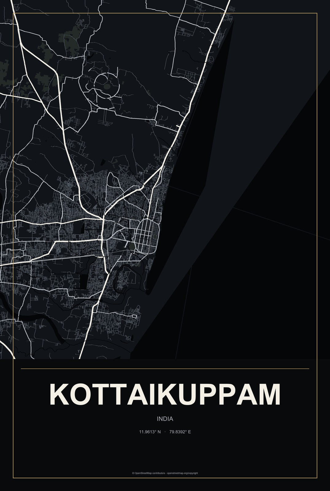 Kottaikuppam, India City Map Aluminum Sign in Metropolitan Noir style
