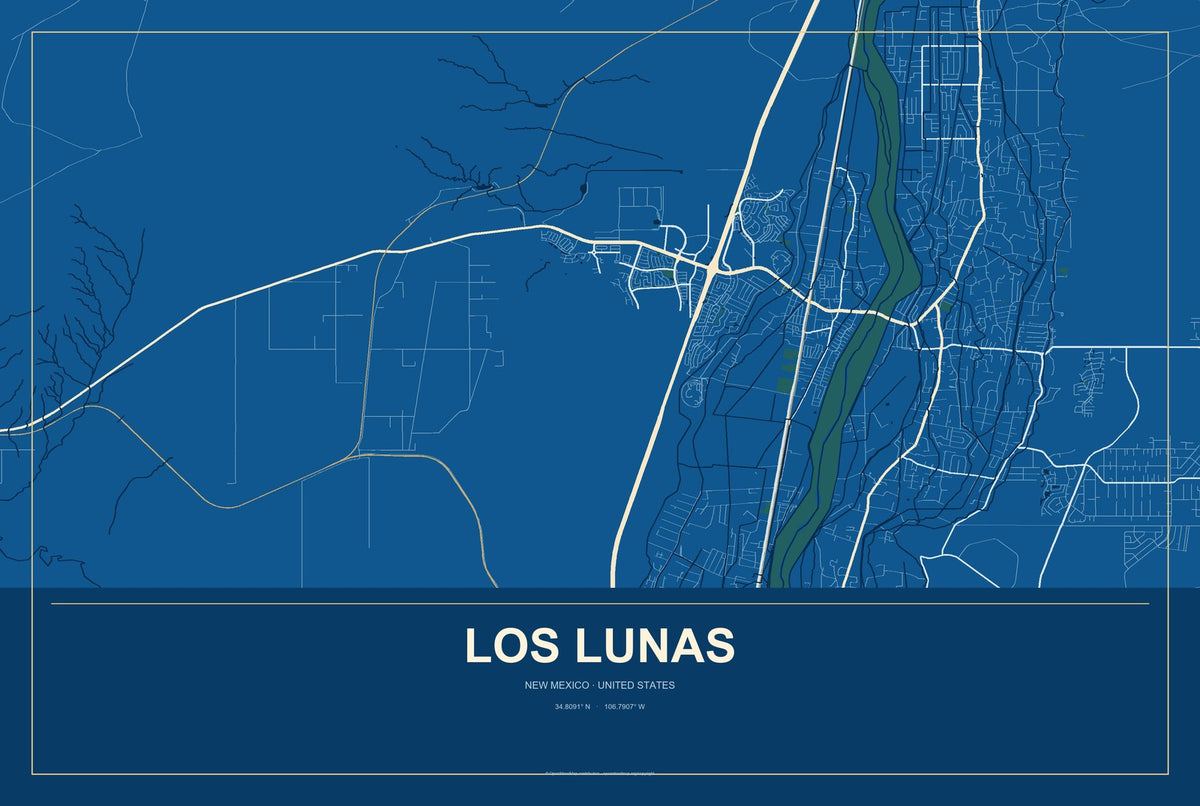 Los Lunas, New Mexico City Map Aluminum Sign in Harbor Cobalt style