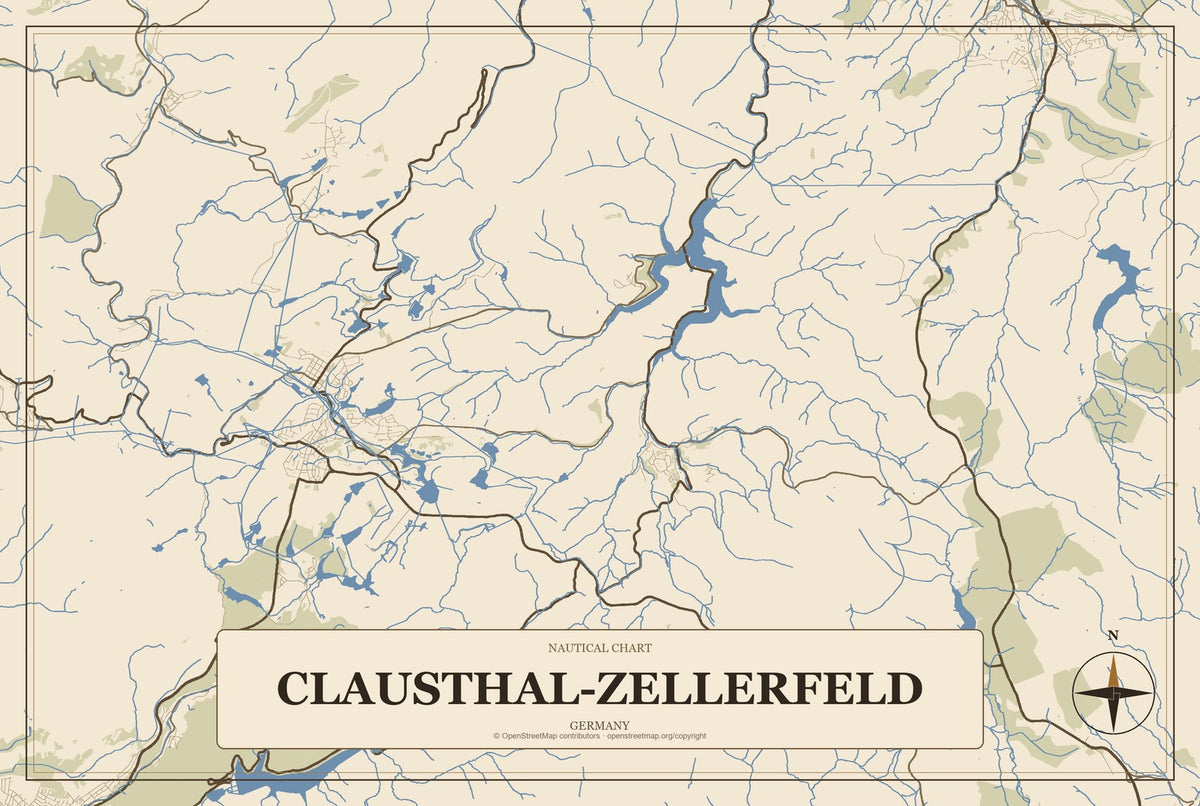 Clausthal-Zellerfeld, Germany City Map Aluminum Sign in Heritage Nautical style