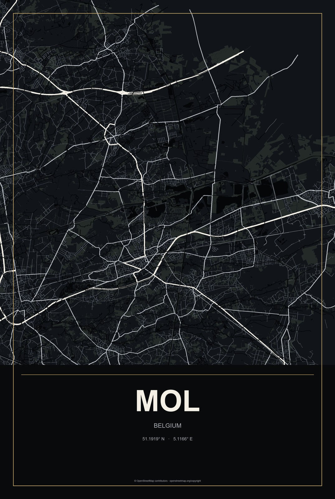 Mol, Belgium City Map Aluminum Sign in Metropolitan Noir style