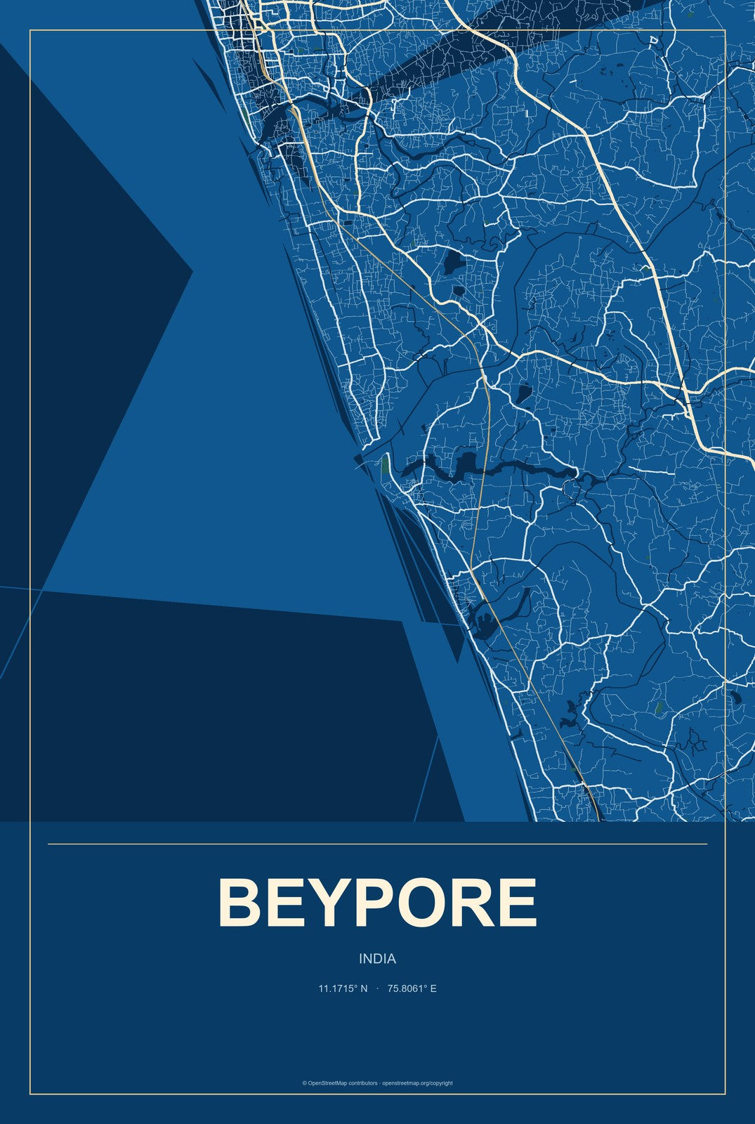 Beypore, India City Map Aluminum Sign in Harbor Cobalt style