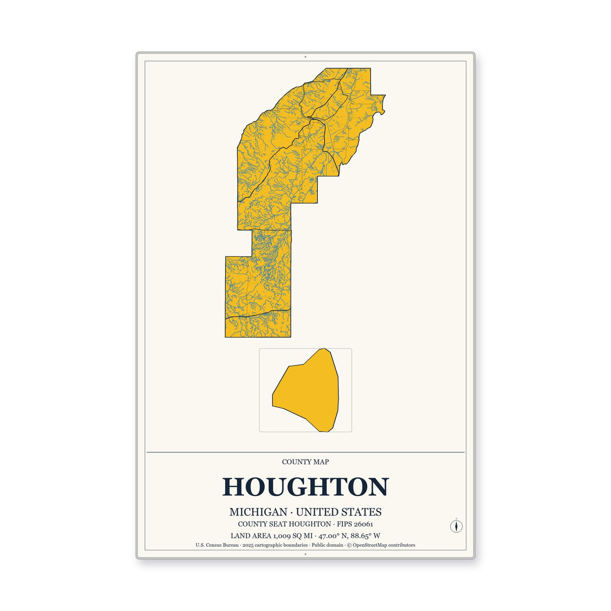 Houghton County, Michigan Map Aluminum Sign in Citrine Modern style