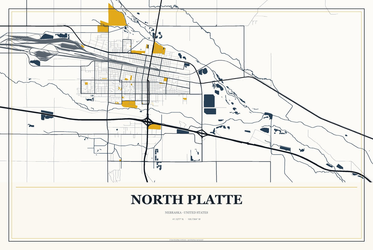 North Platte, Nebraska City Map Aluminum Sign in Citrine Modern style