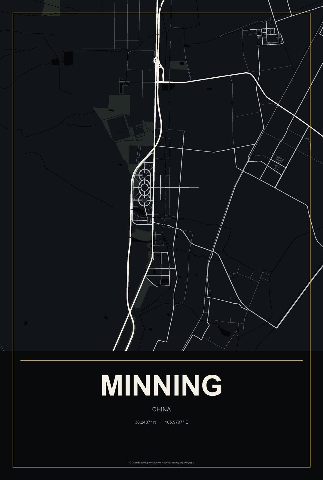 Minning, China City Map Aluminum Sign in Metropolitan Noir style