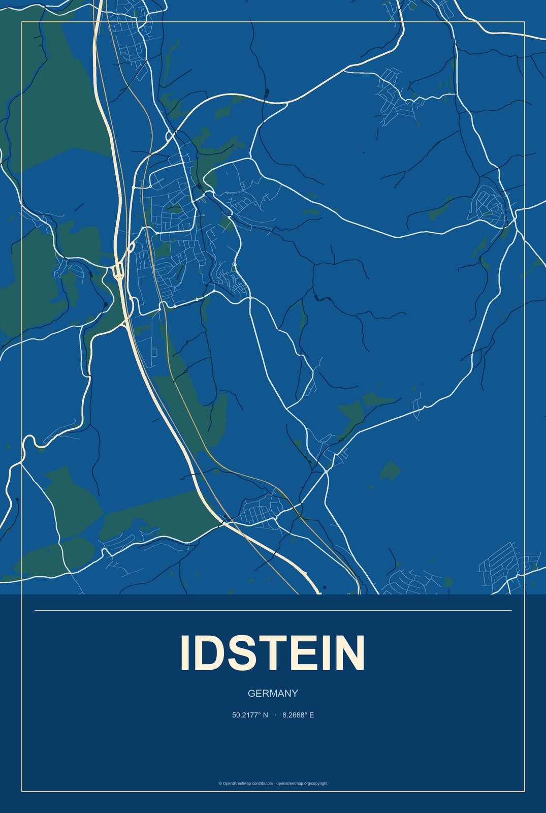 Idstein, Germany City Map Aluminum Sign in Harbor Cobalt style