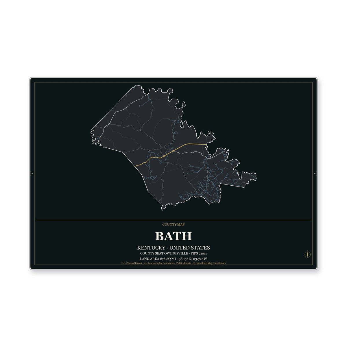 Bath County, Kentucky Map Aluminum Sign in Metropolitan Noir style