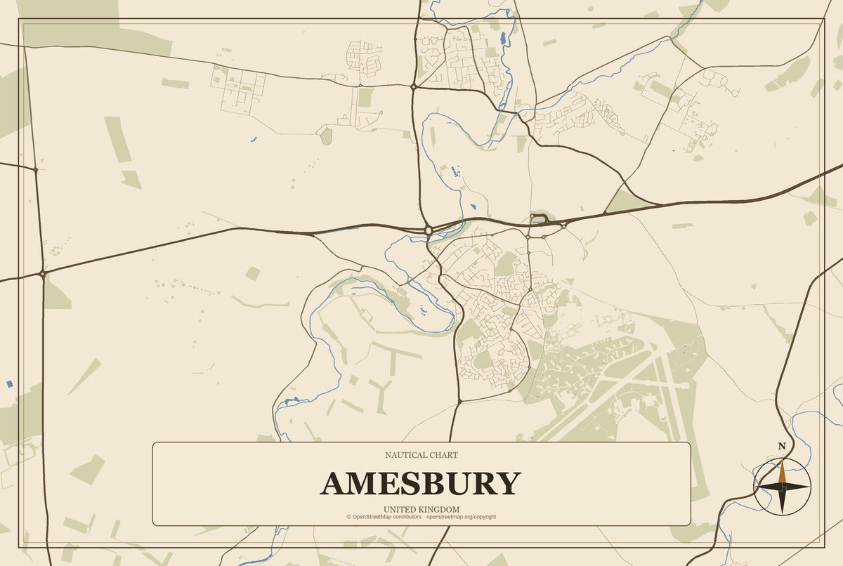 Amesbury, United Kingdom City Map Aluminum Sign in Heritage Nautical style