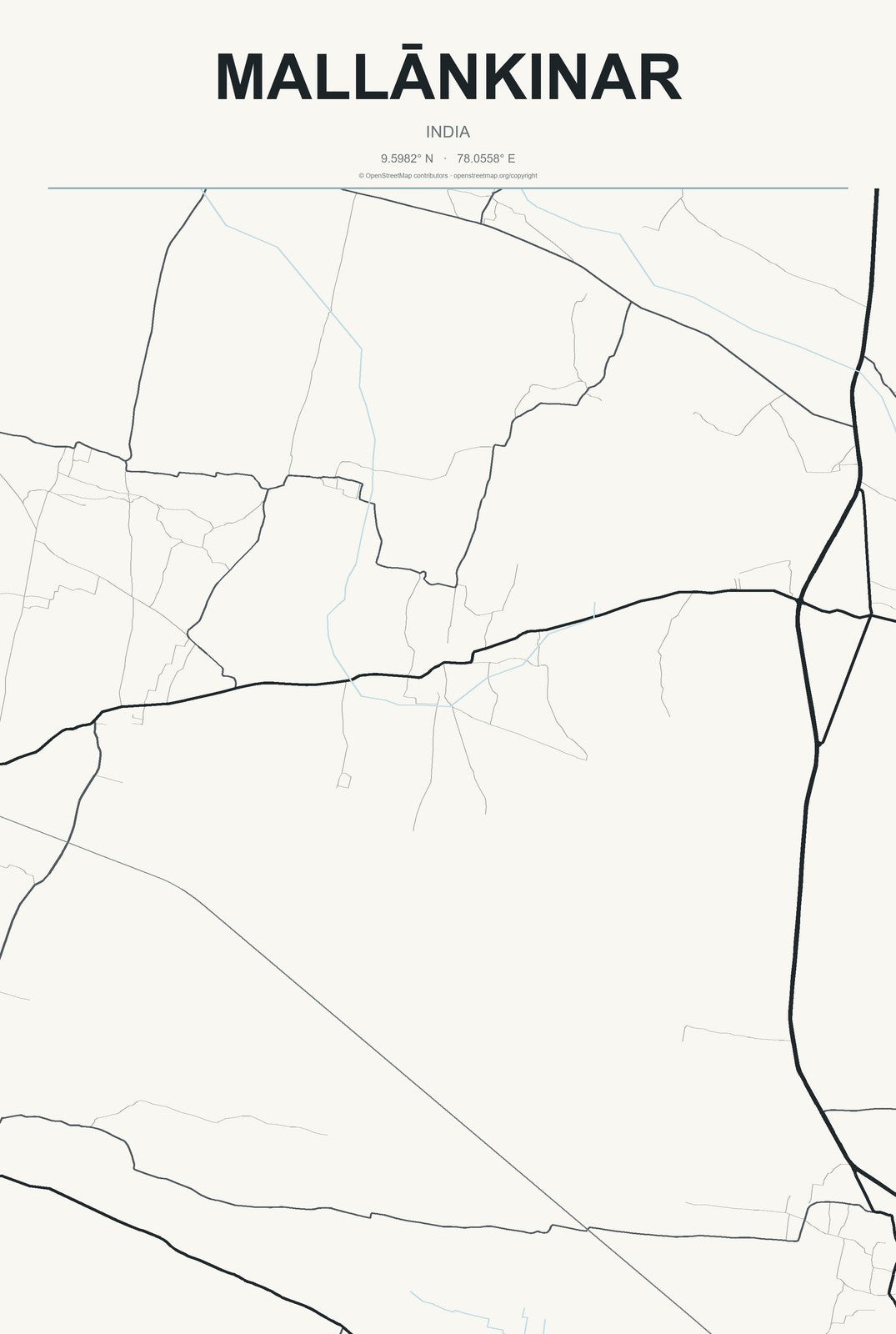 Mallānkinar, India City Map Aluminum Sign in Headline Atlas style