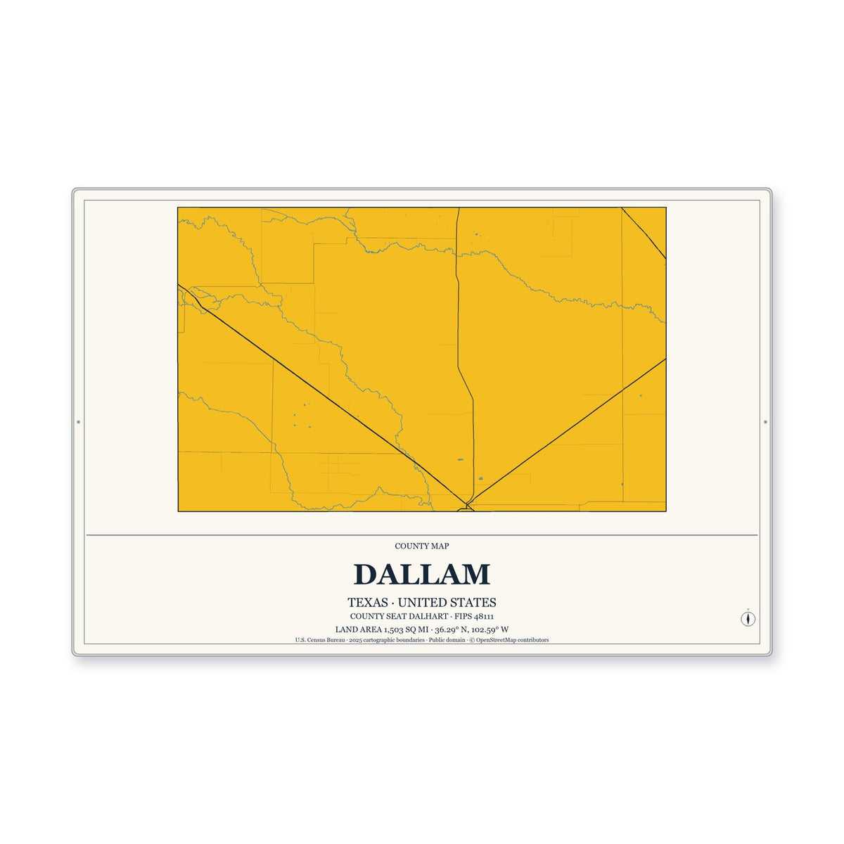 Dallam County, Texas Map Aluminum Sign in Citrine Modern style