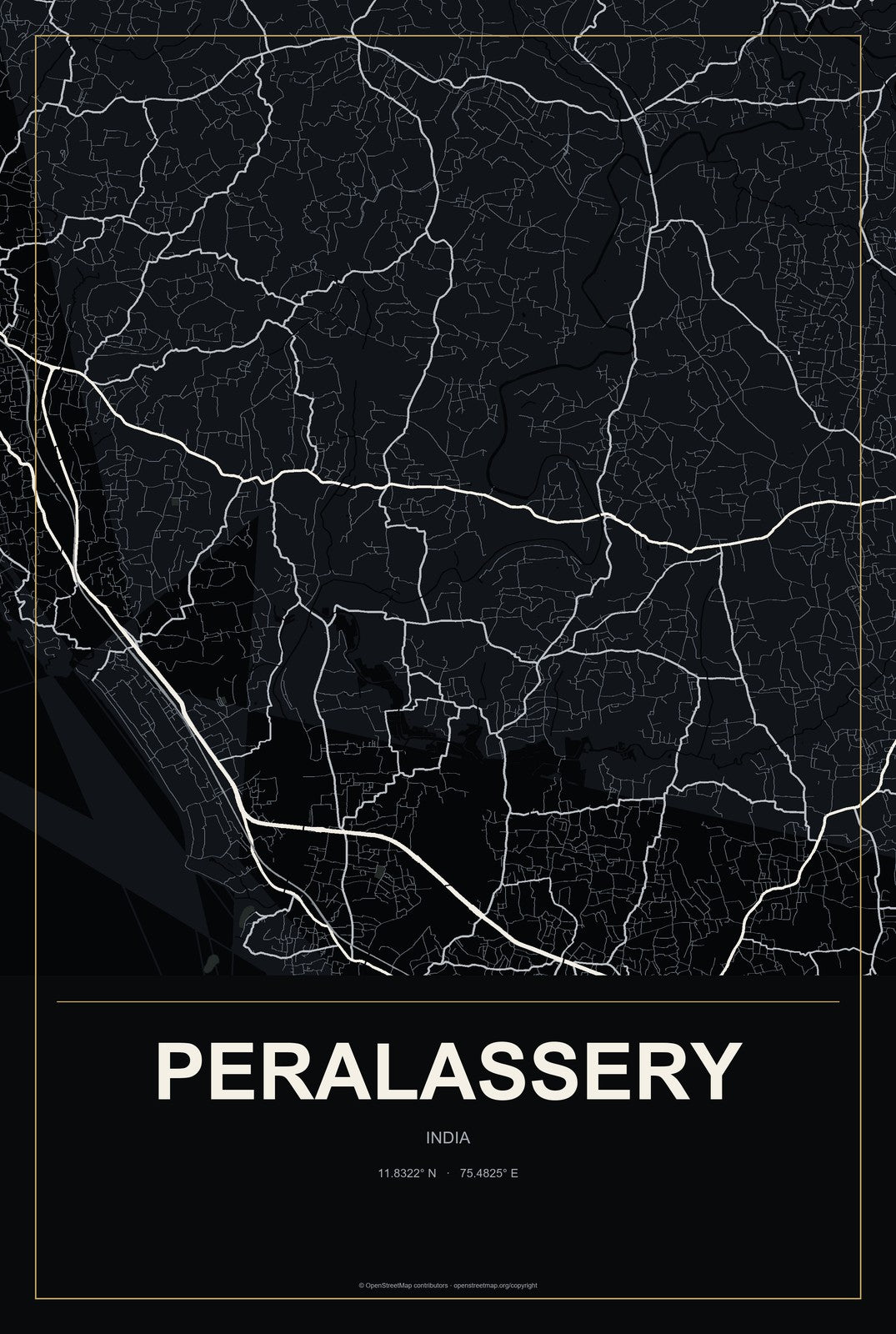 Peralassery, India City Map Aluminum Sign in Metropolitan Noir style
