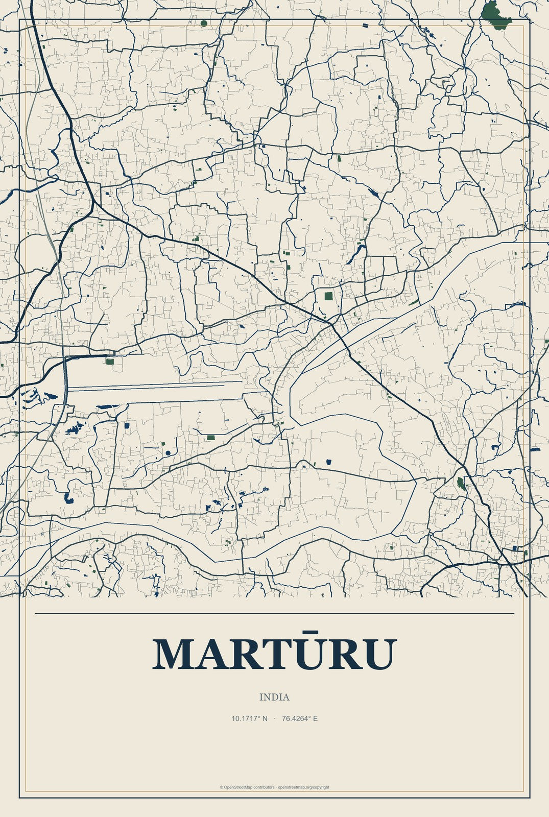 Martūru, India City Map Aluminum Sign in Coastal Cutout style