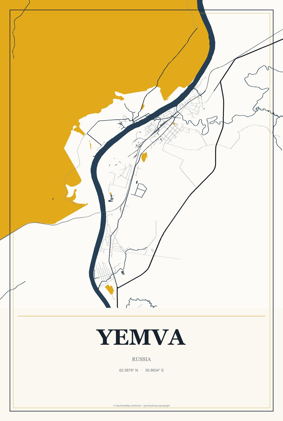 Yemva, Russia City Map Aluminum Sign in Citrine Modern style