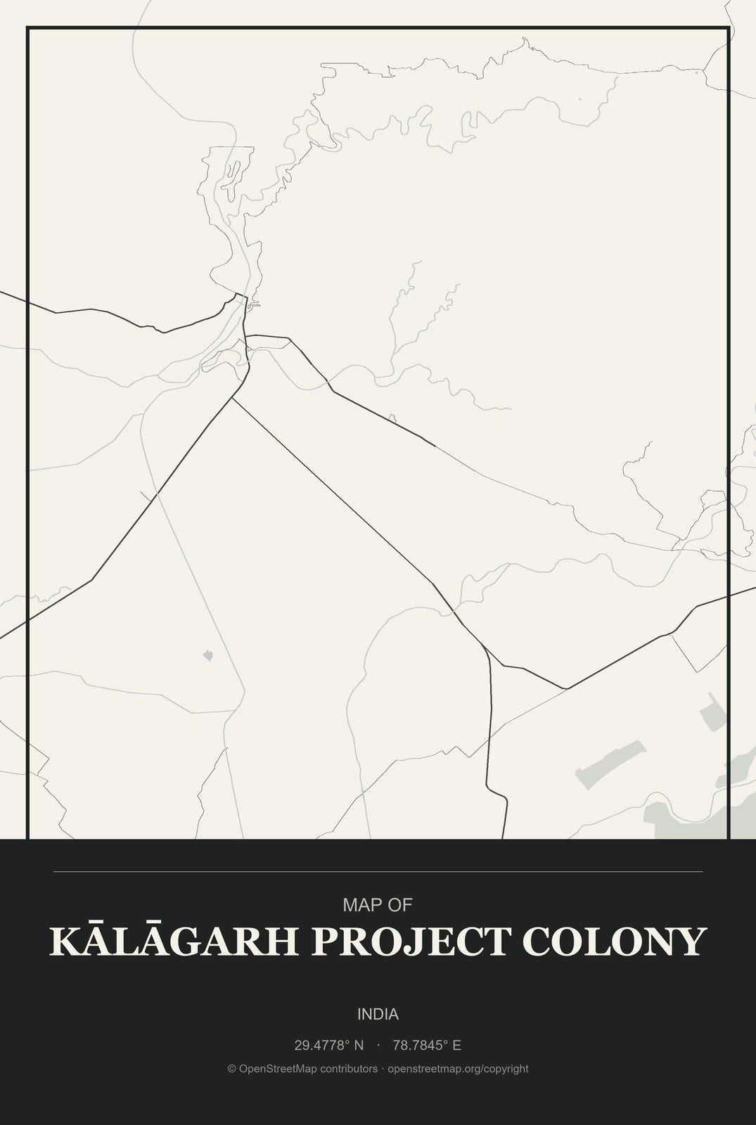 Kālāgarh Project Colony, India City Map Aluminum Sign in Museum Plaque style