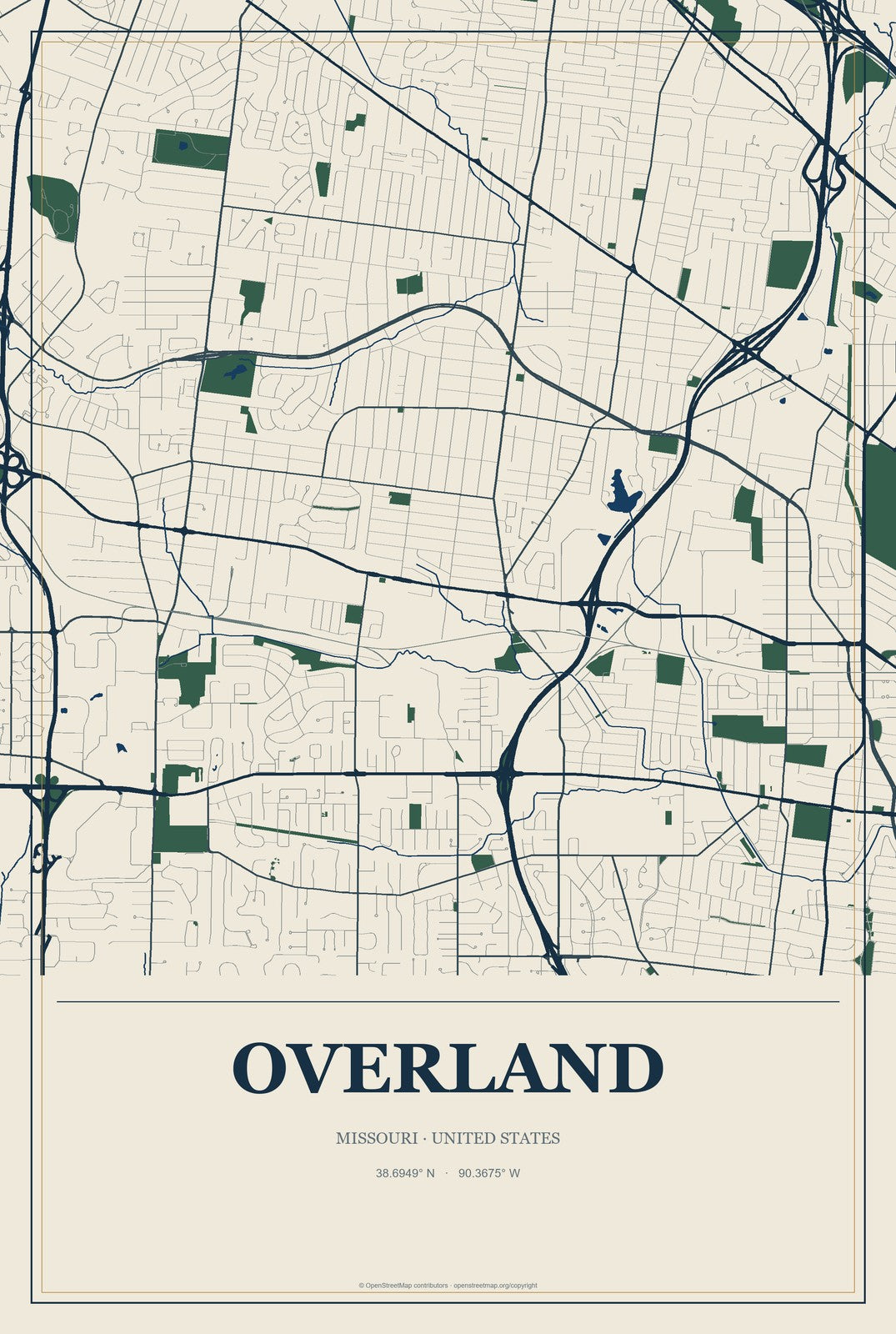 Overland, Missouri City Map Aluminum Sign in Coastal Cutout style