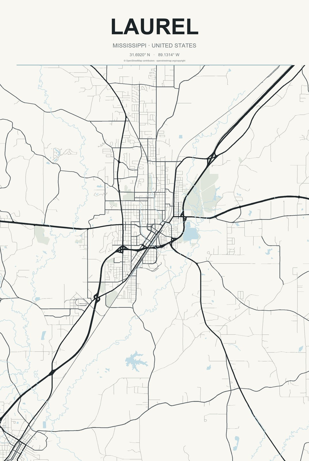Laurel, Mississippi City Map Aluminum Sign in Headline Atlas style