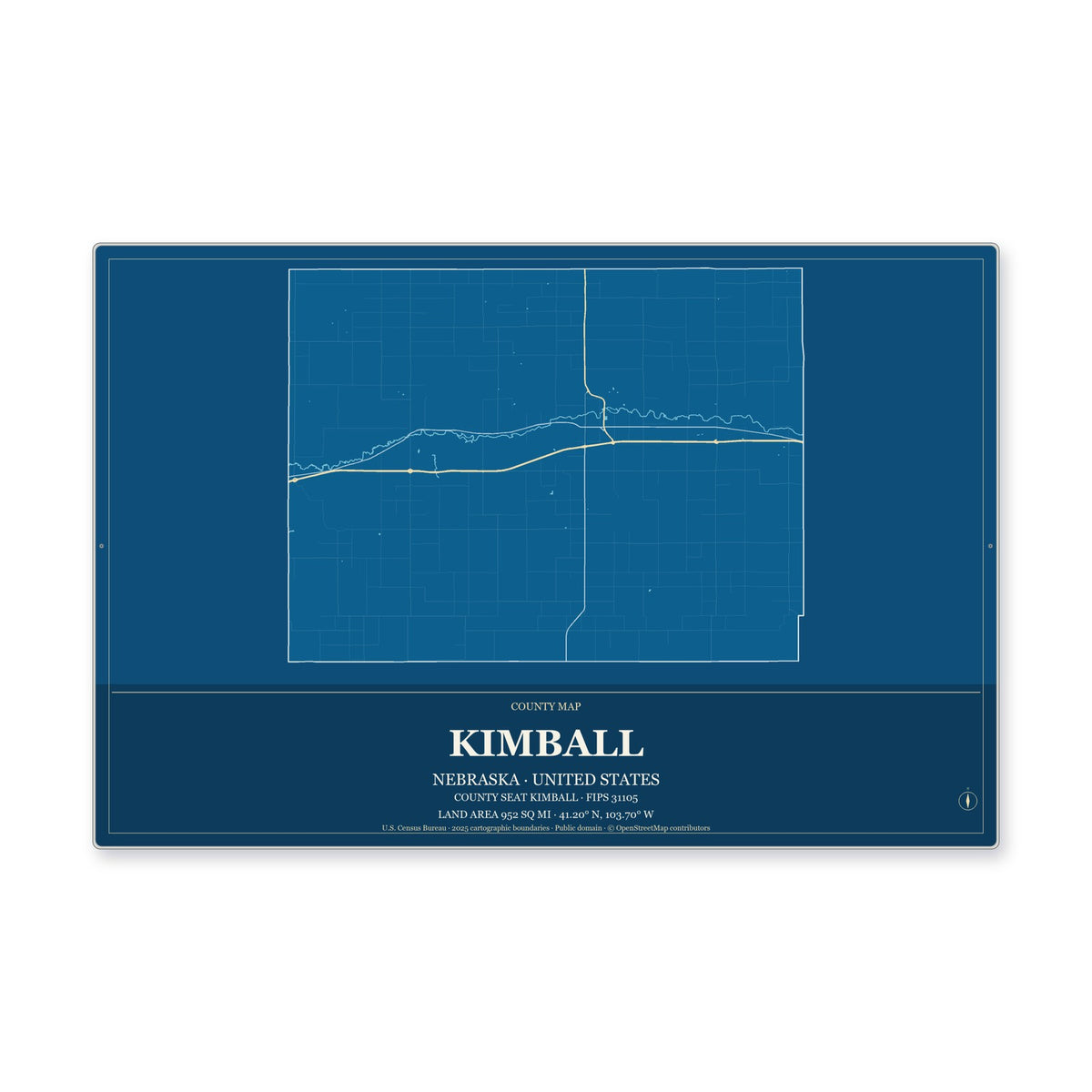 Kimball County, Nebraska Map Aluminum Sign in Harbor Cobalt style