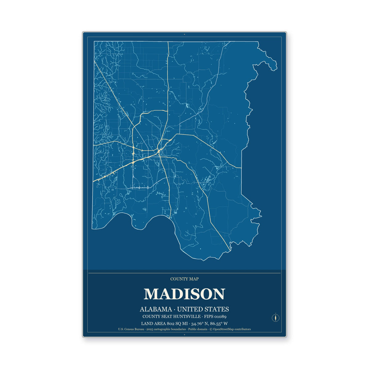 Madison County, Alabama Map Aluminum Sign in Harbor Cobalt style