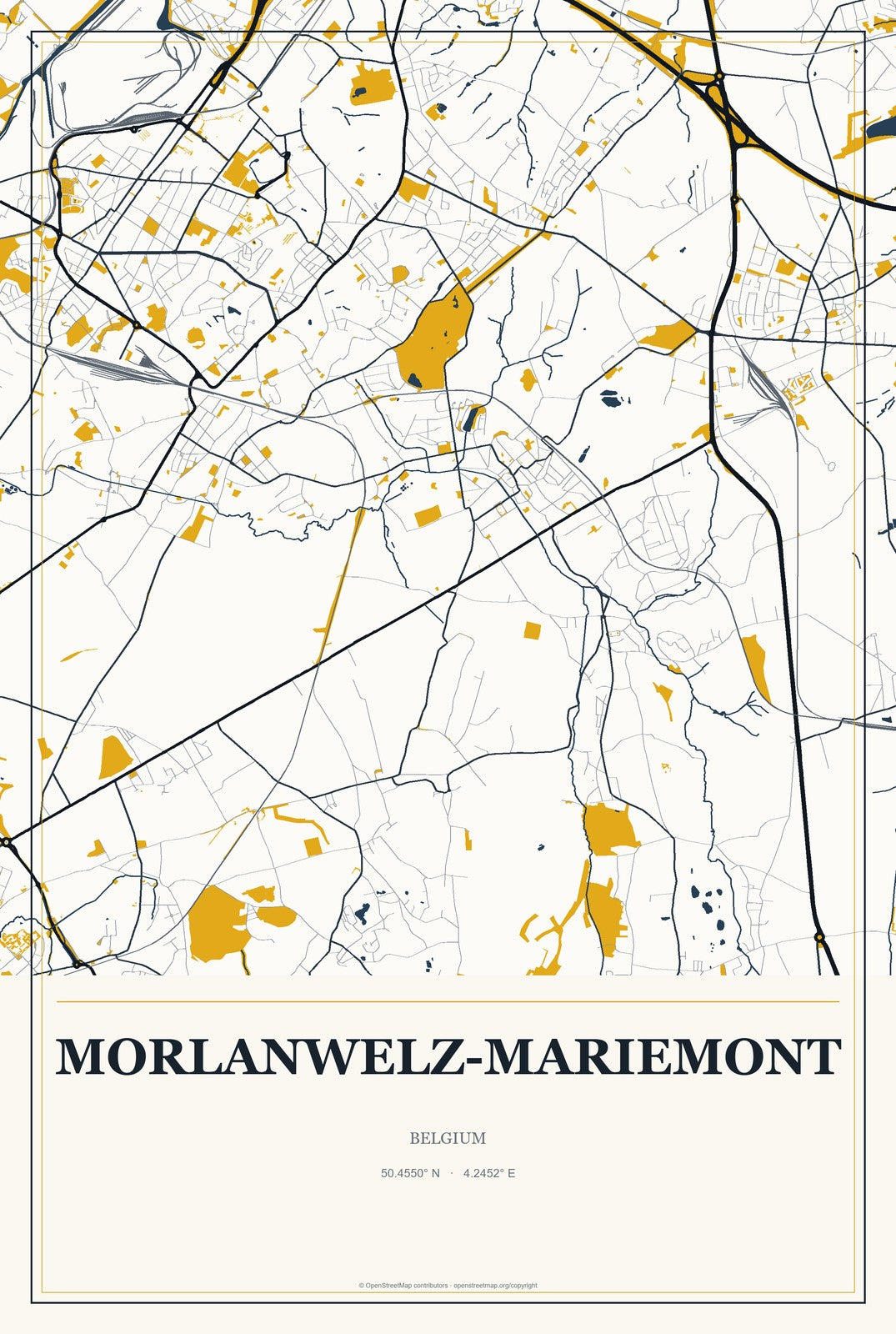Morlanwelz-Mariemont, Belgium City Map Aluminum Sign in Citrine Modern style