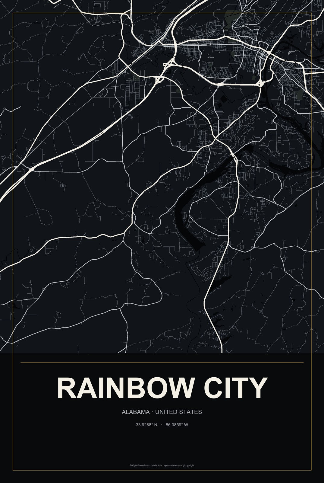 Rainbow City, Alabama City Map Aluminum Sign in Metropolitan Noir style