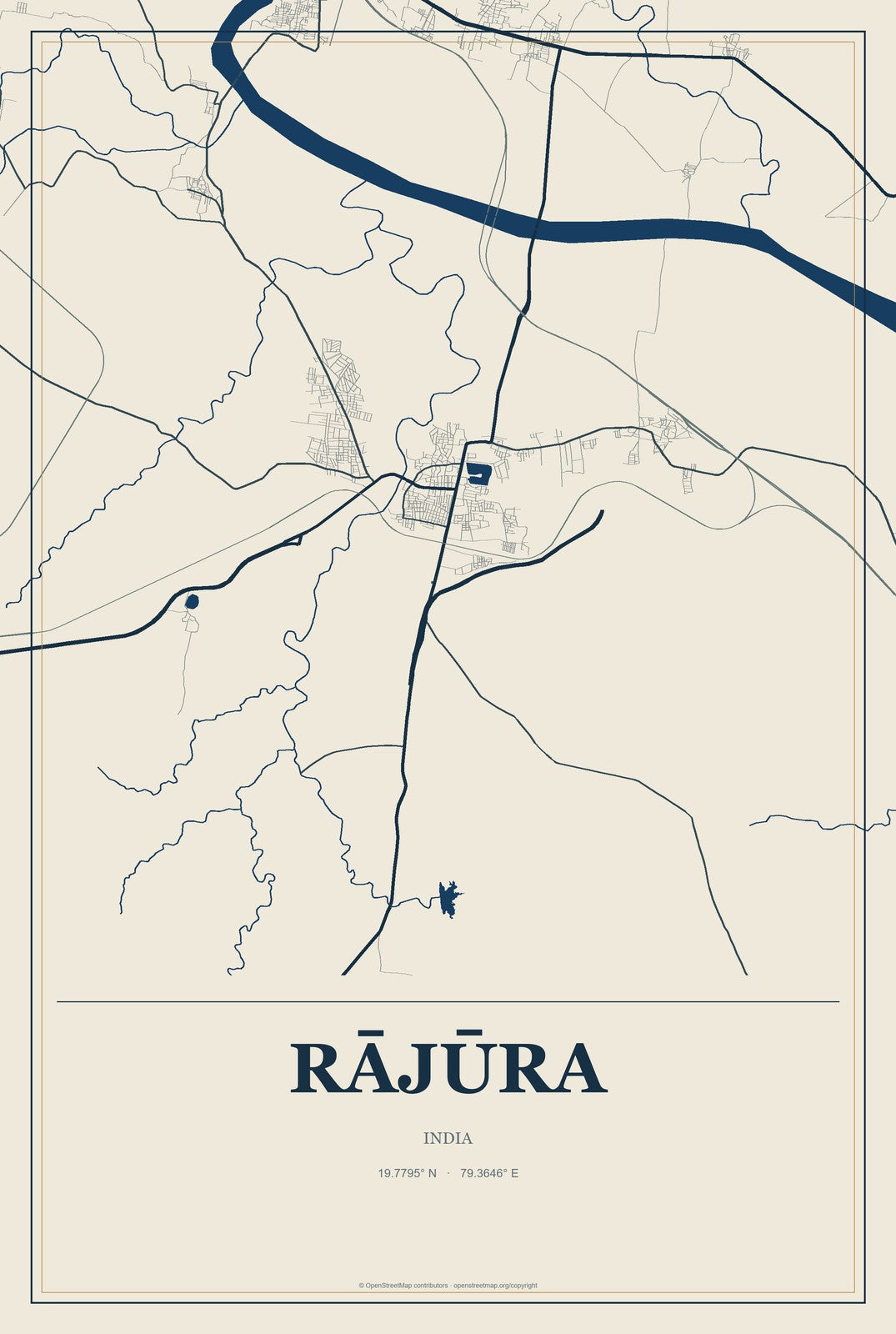 Rājūra, India City Map Aluminum Sign in Coastal Cutout style