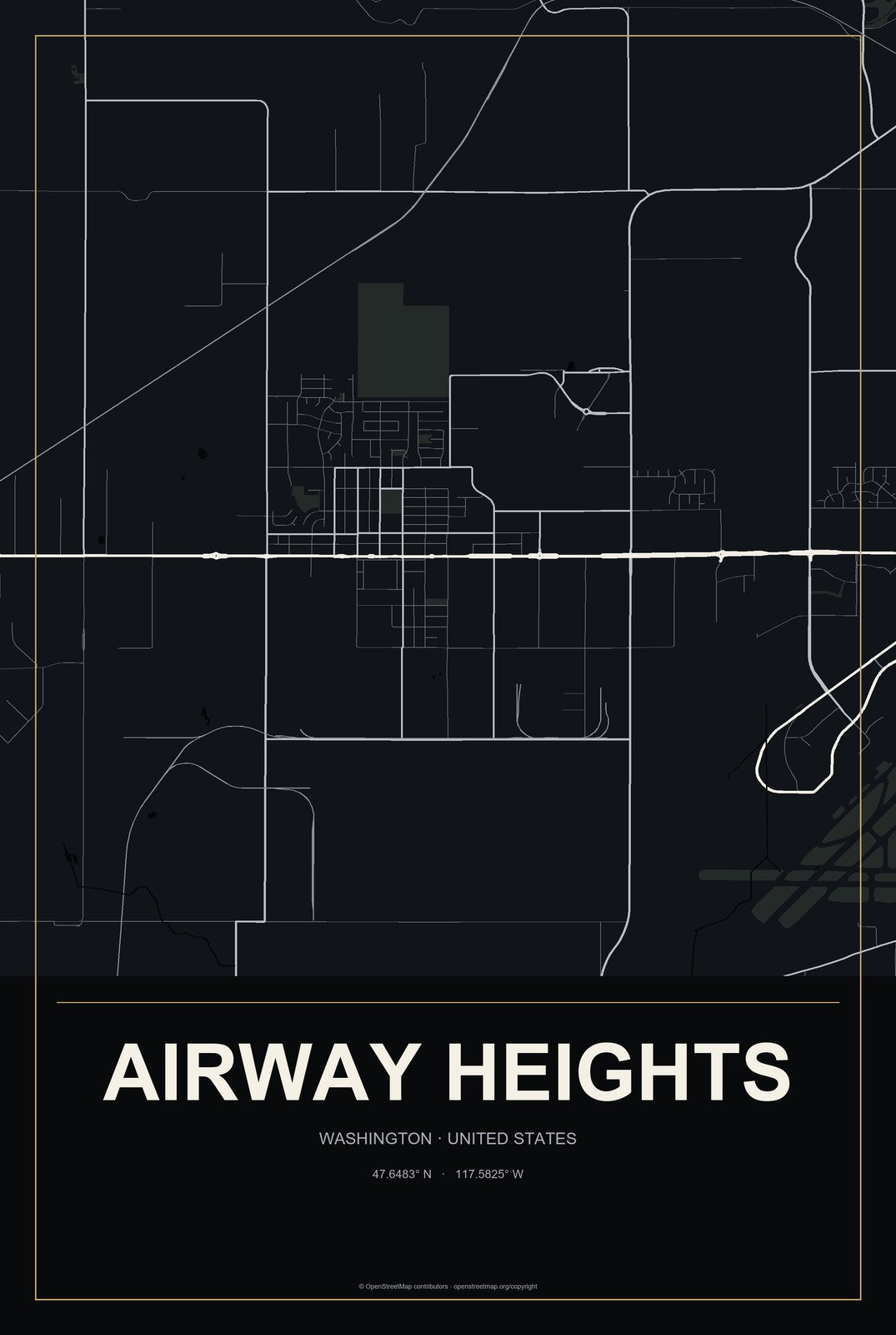 Airway Heights, Washington City Map Aluminum Sign in Metropolitan Noir style