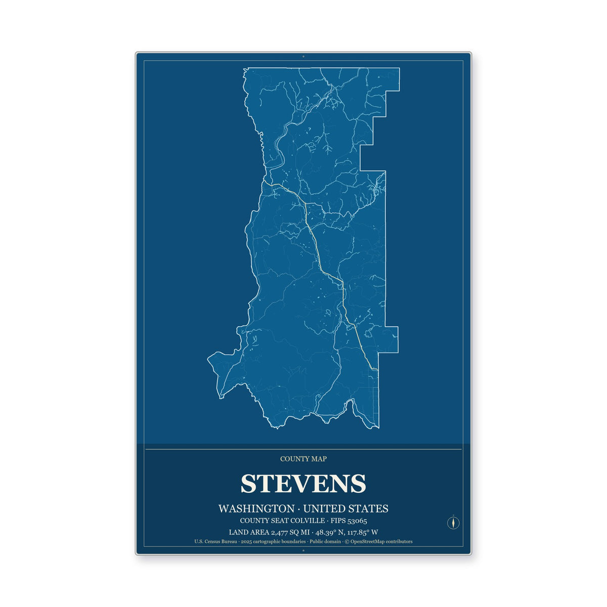Stevens County, Washington Map Aluminum Sign in Harbor Cobalt style
