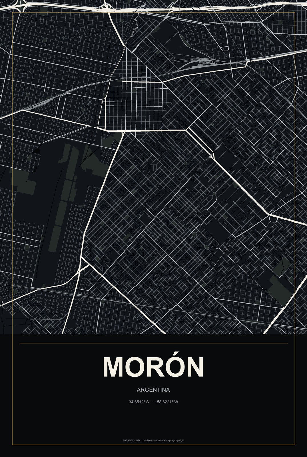 Morón, Argentina City Map Aluminum Sign in Metropolitan Noir style