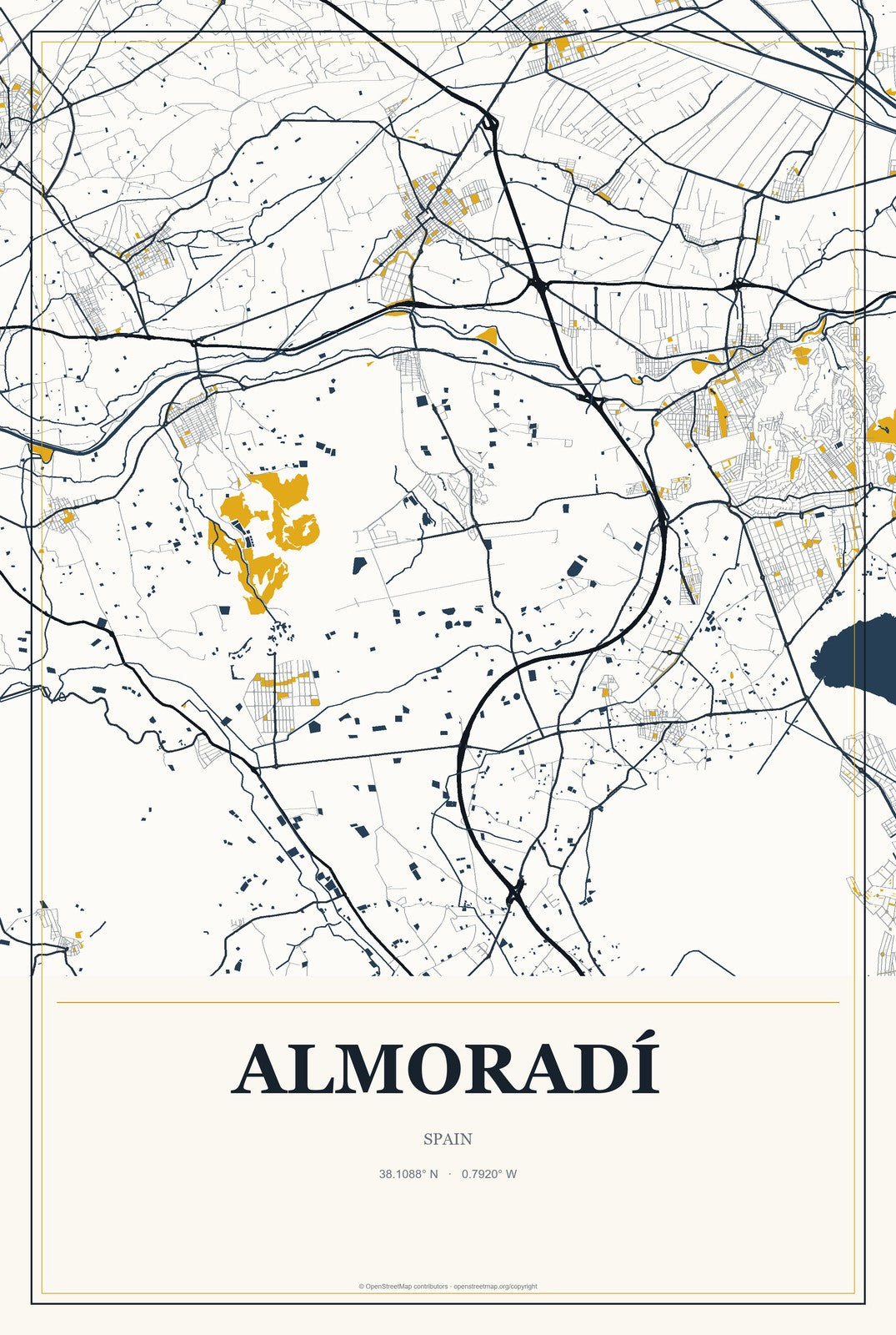 Almoradí, Spain City Map Aluminum Sign in Citrine Modern style