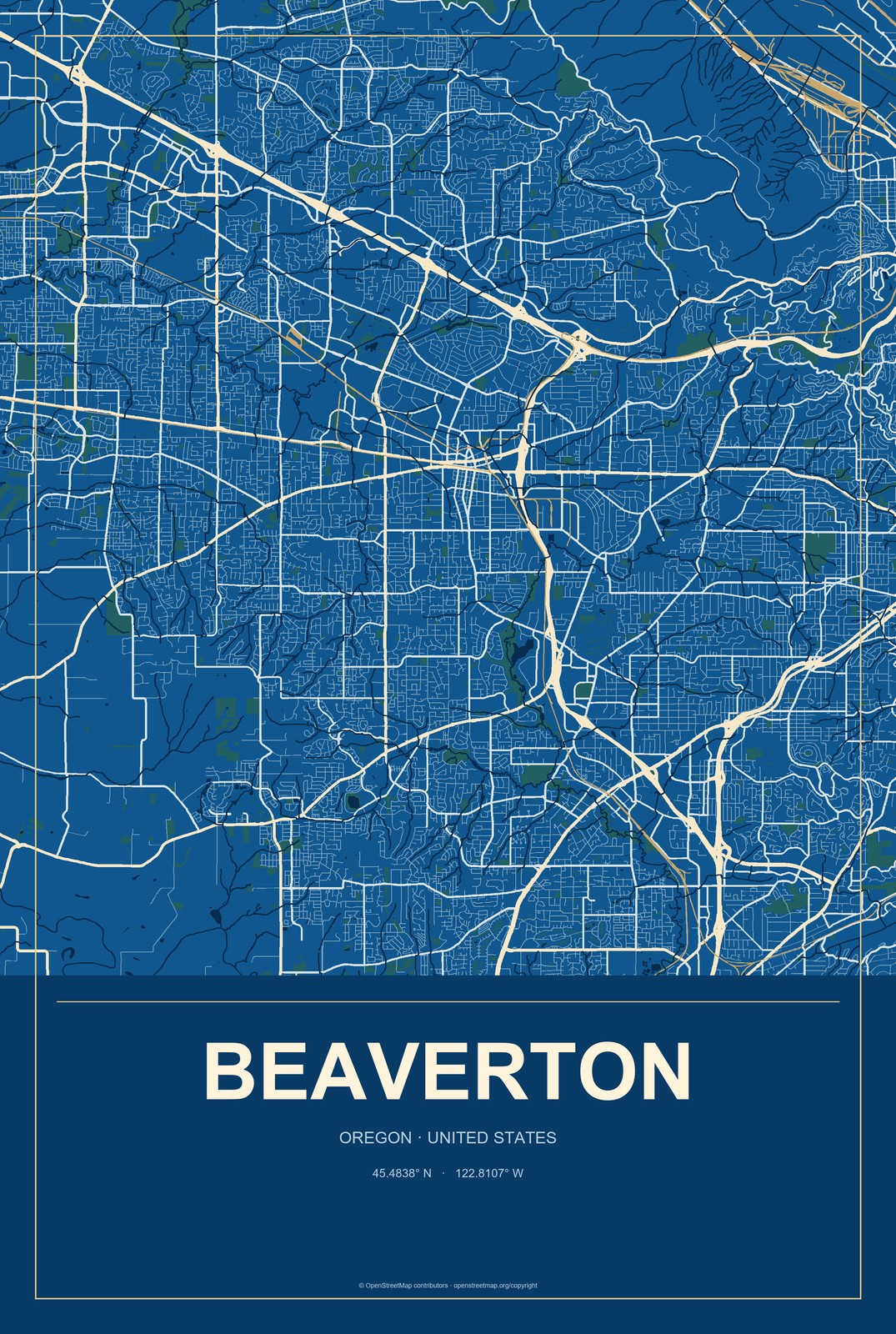 Beaverton, Oregon City Map Aluminum Sign in Harbor Cobalt style