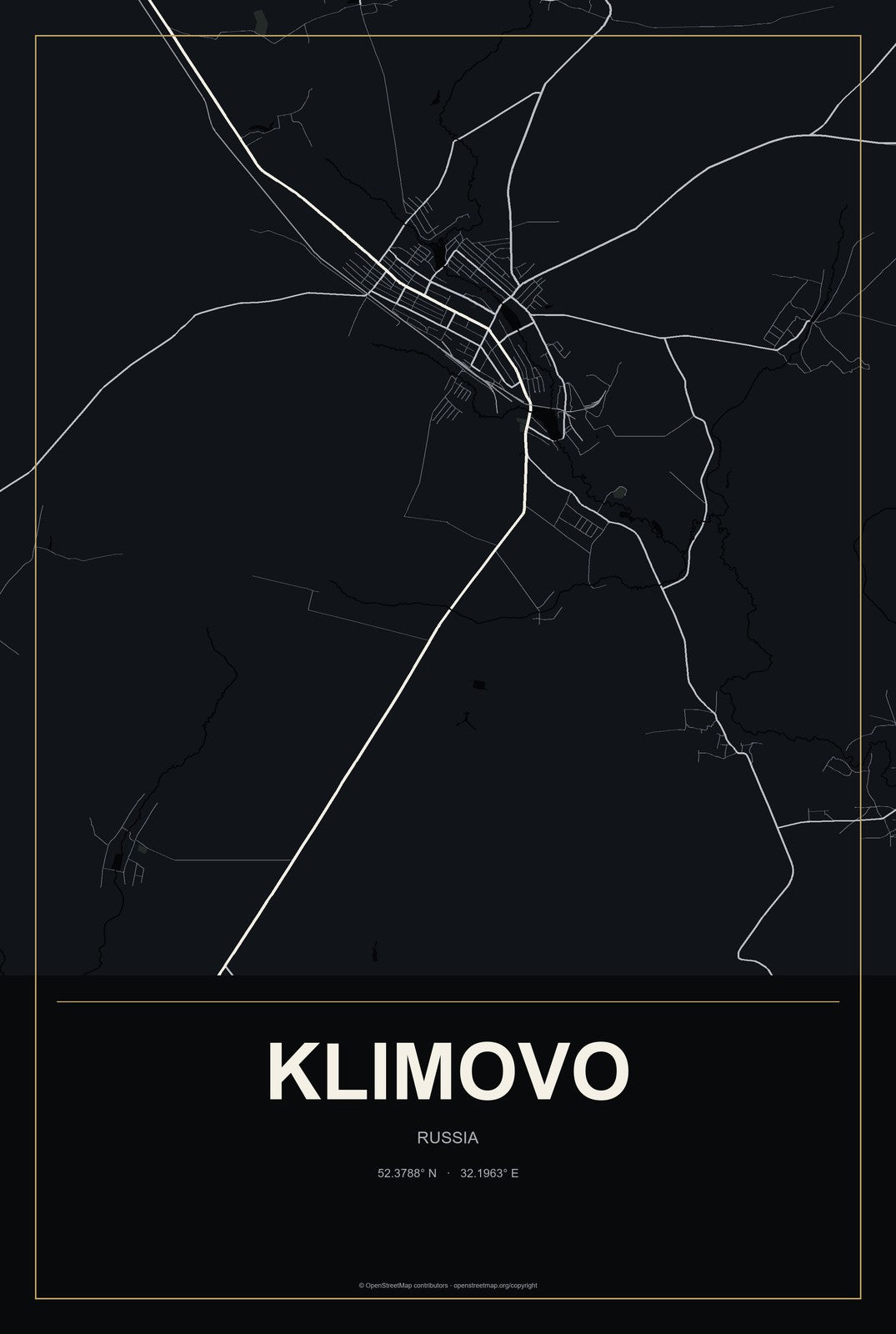 Klimovo, Russia City Map Aluminum Sign in Metropolitan Noir style