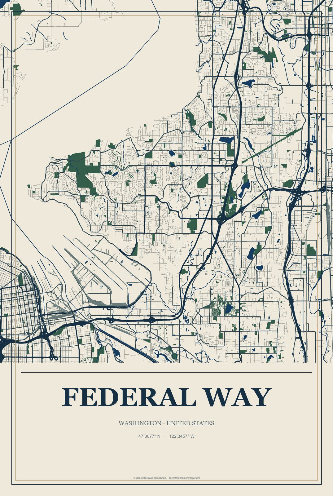 Federal Way, Washington City Map Aluminum Sign in Coastal Cutout style