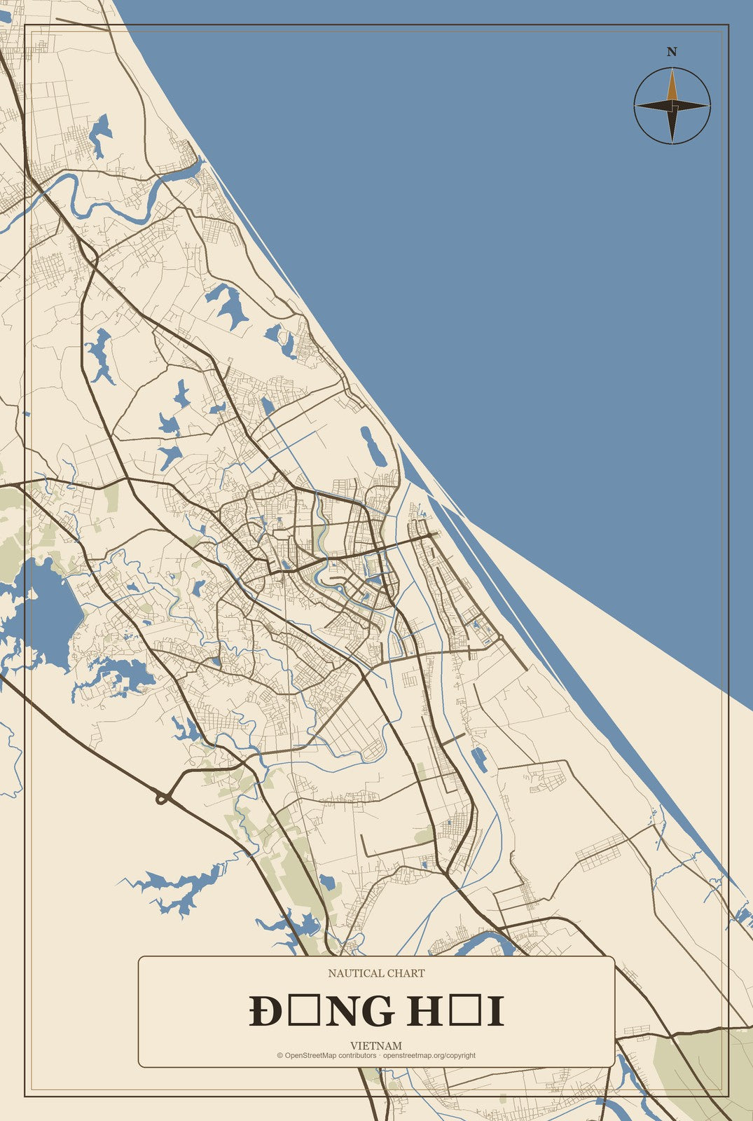 Đồng Hới, Vietnam City Map Aluminum Sign in Heritage Nautical style