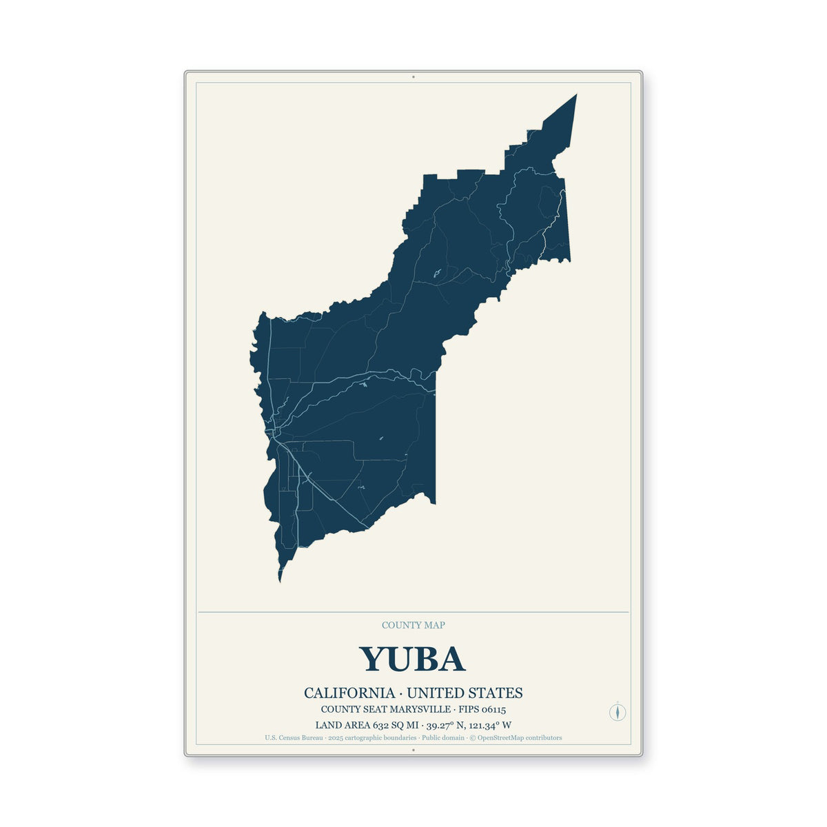 Yuba County, California Map Aluminum Sign in Coastal Cutout style