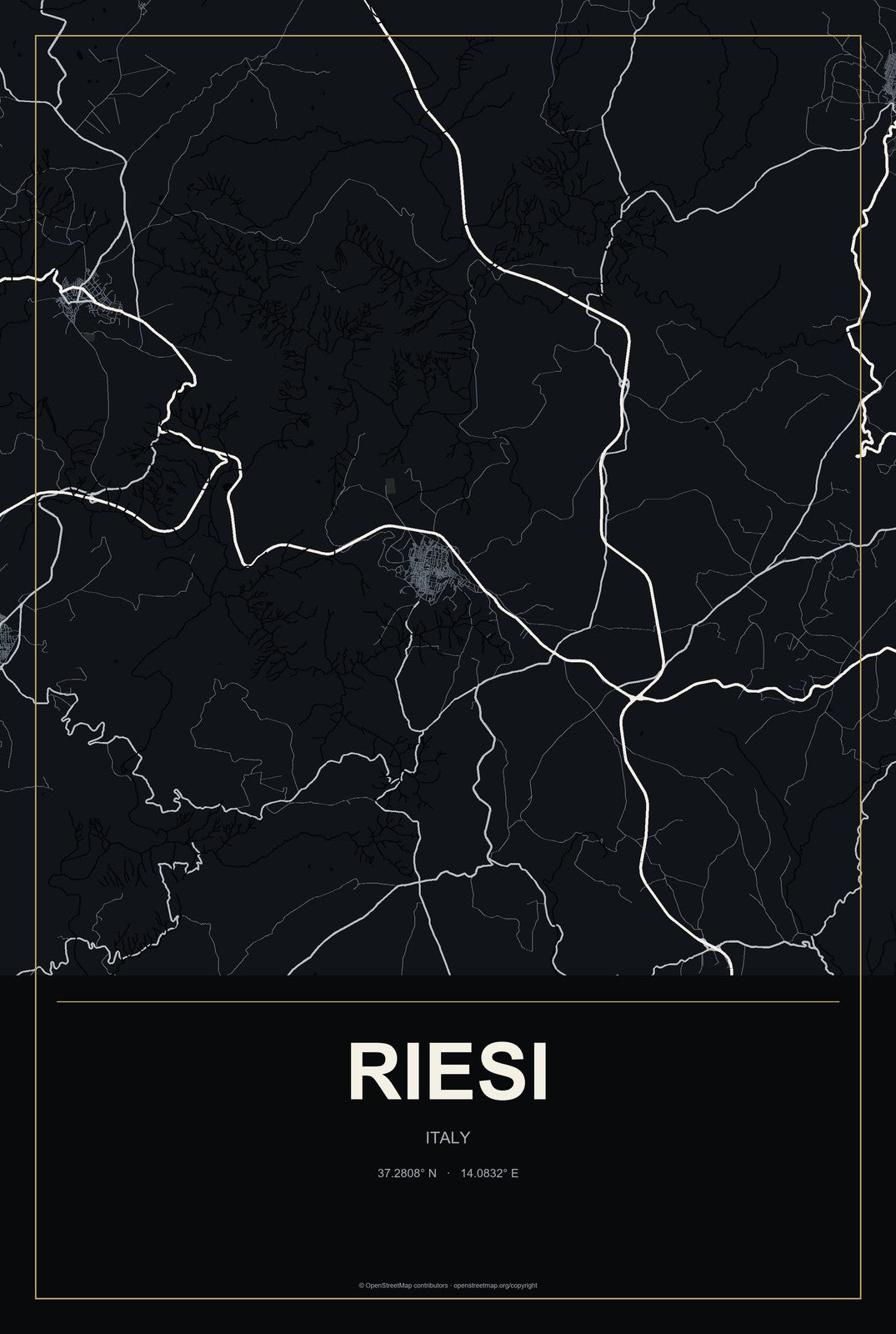 Riesi, Italy City Map Aluminum Sign in Metropolitan Noir style