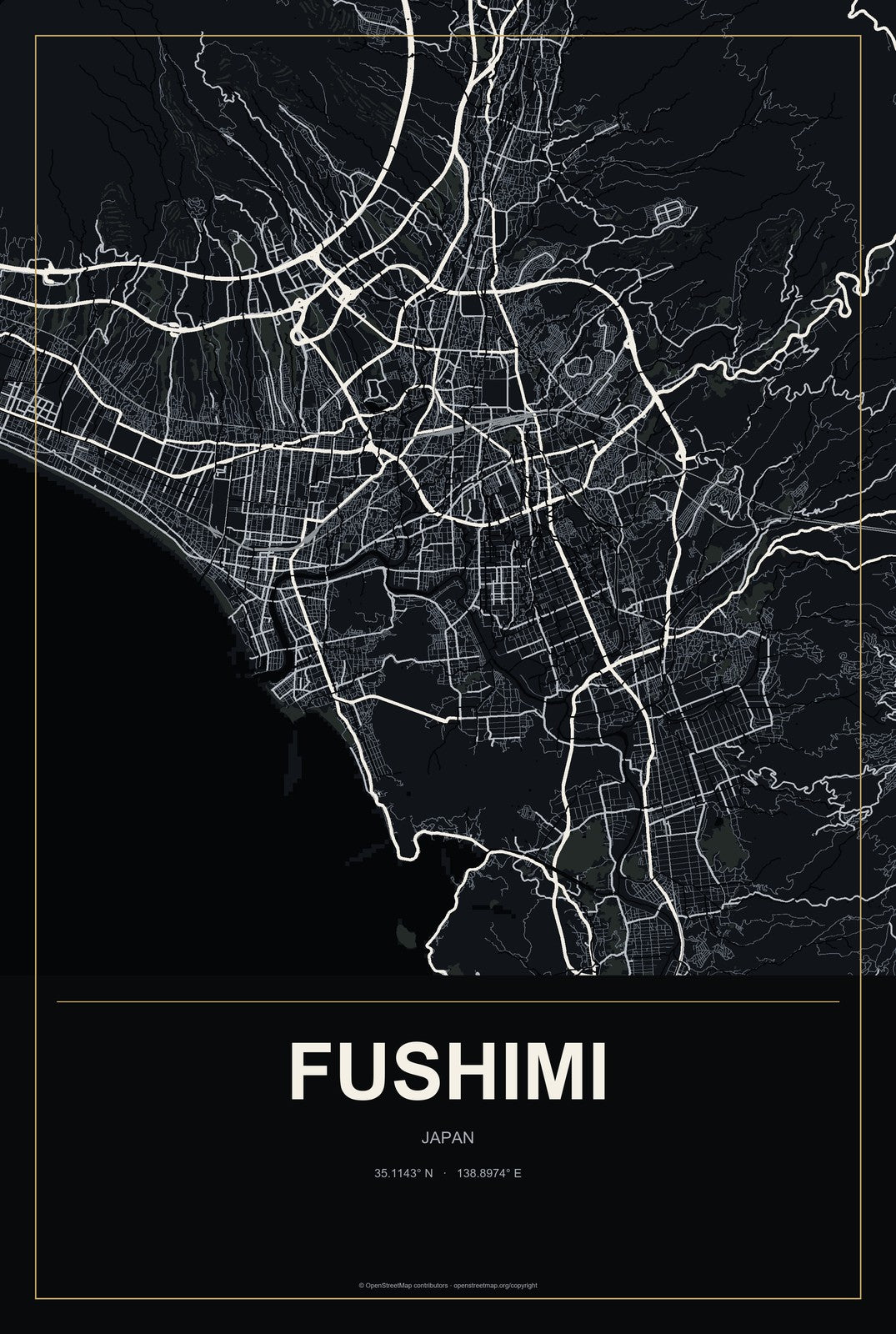 Fushimi, Japan City Map Aluminum Sign in Metropolitan Noir style