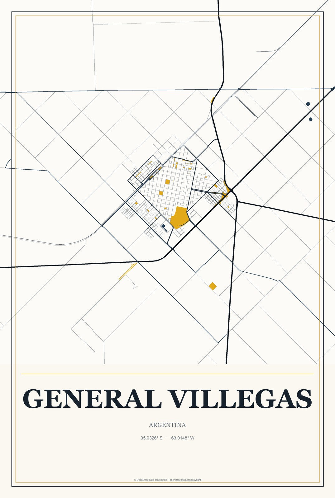 General Villegas, Argentina City Map Aluminum Sign in Citrine Modern style
