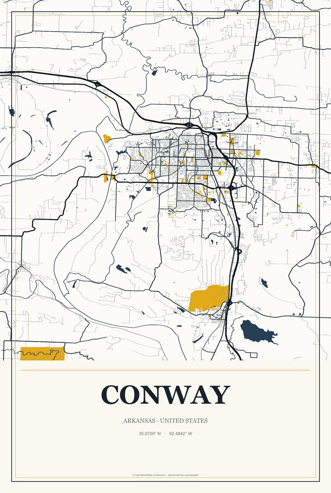 Conway, Arkansas City Map Aluminum Sign in Citrine Modern style