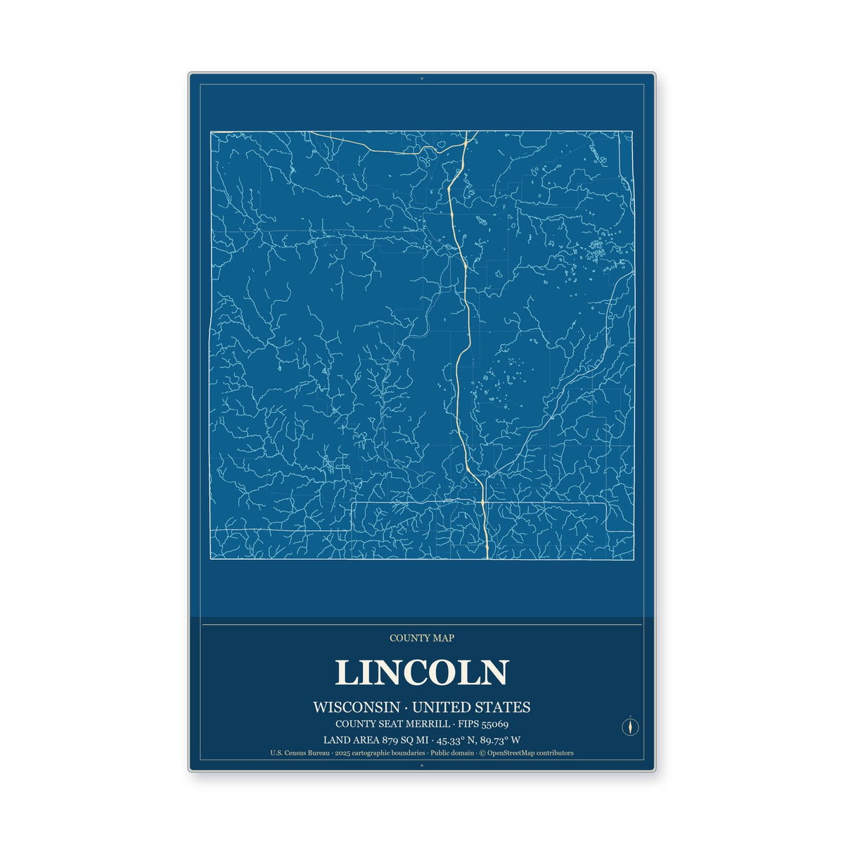 Lincoln County, Wisconsin Map Aluminum Sign in Harbor Cobalt style