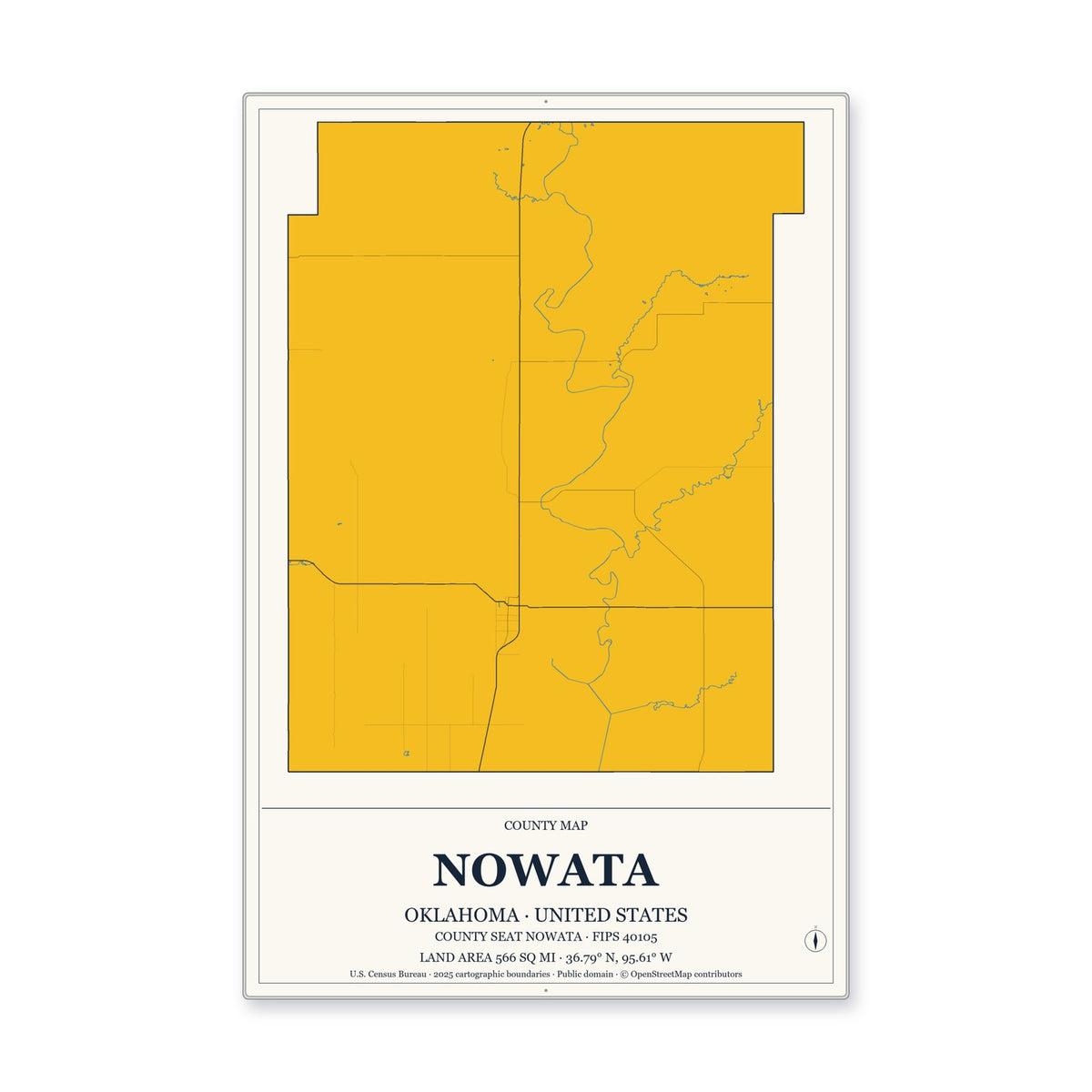 Nowata County, Oklahoma Map Aluminum Sign in Citrine Modern style