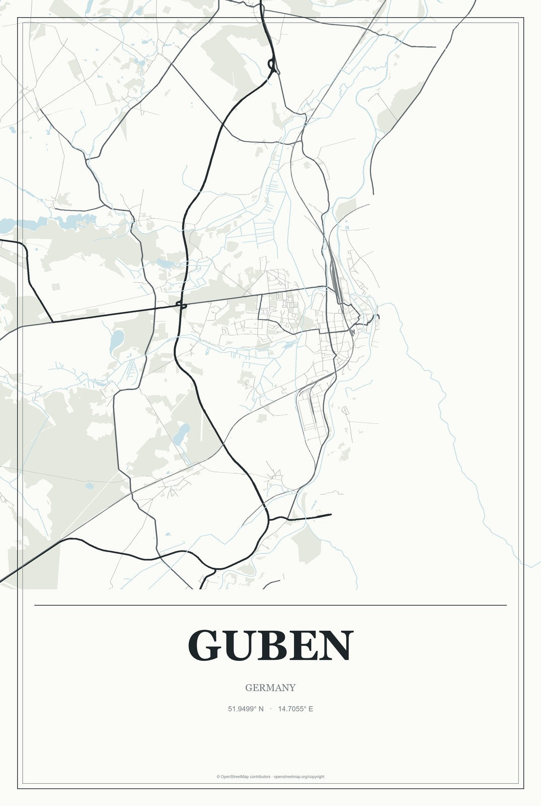 Guben, Germany City Map Aluminum Sign in Gallery Air style