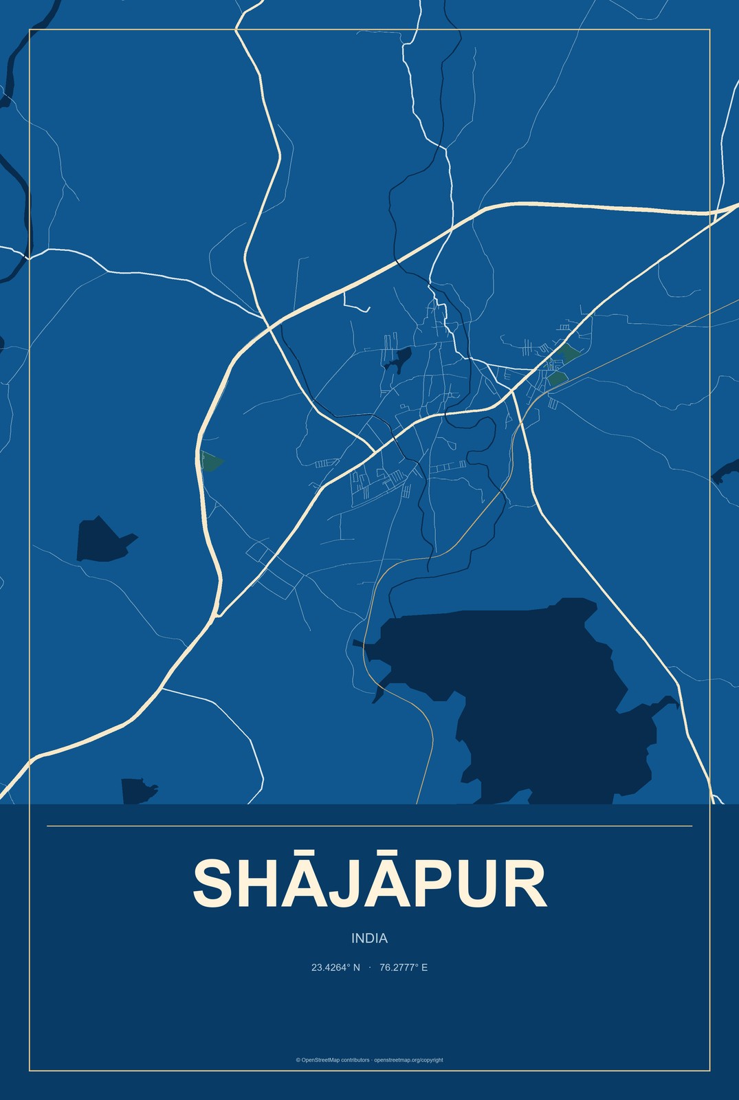 Shājāpur, India City Map Aluminum Sign in Harbor Cobalt style