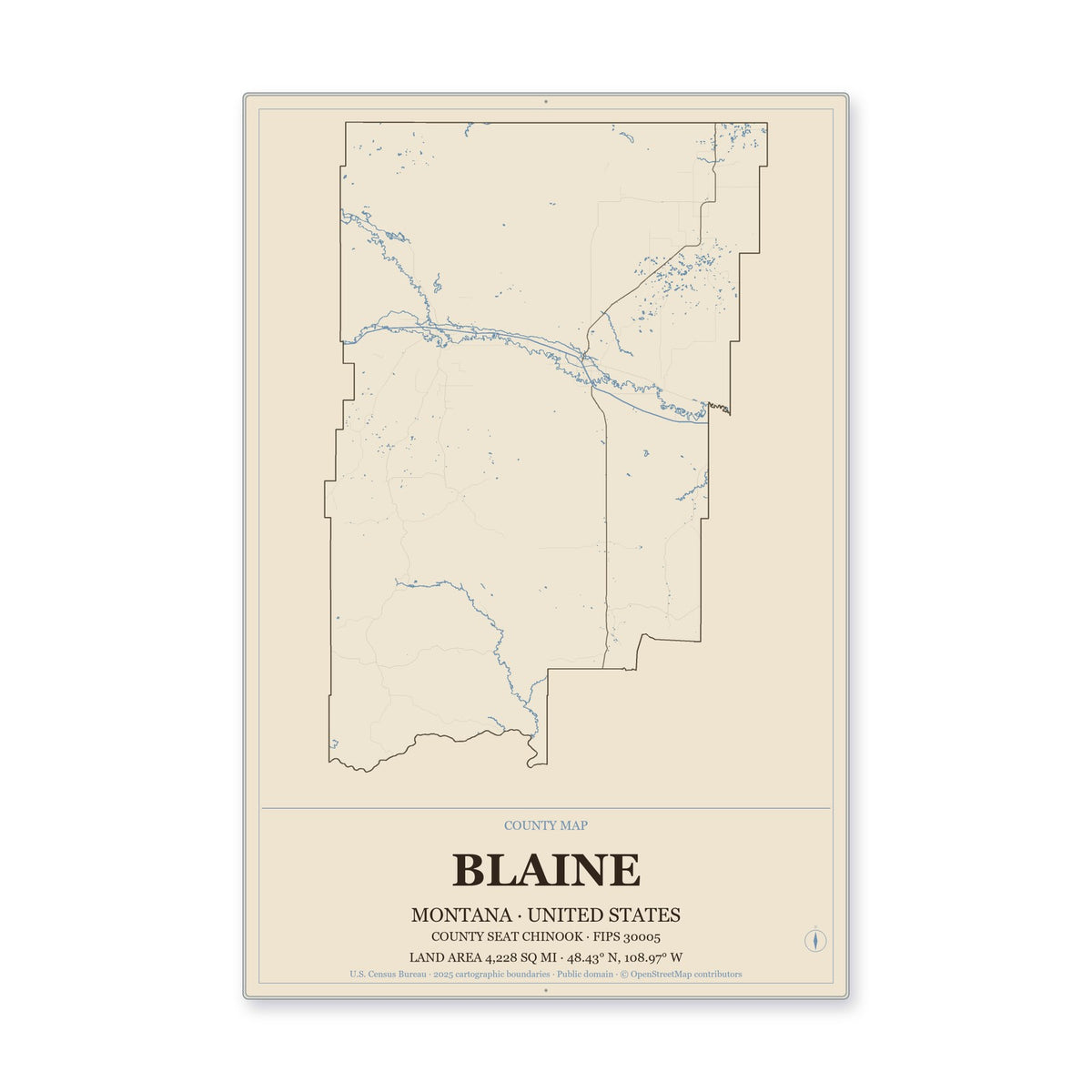 Blaine County, Montana Map Aluminum Sign in Heritage Nautical style