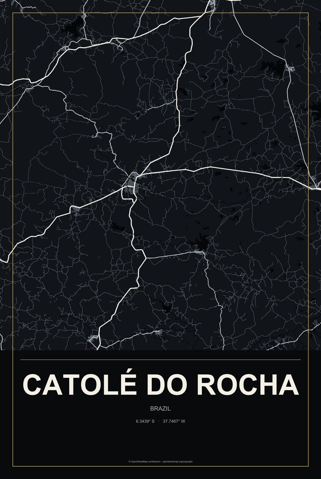 Catolé do Rocha, Brazil City Map Aluminum Sign in Metropolitan Noir style