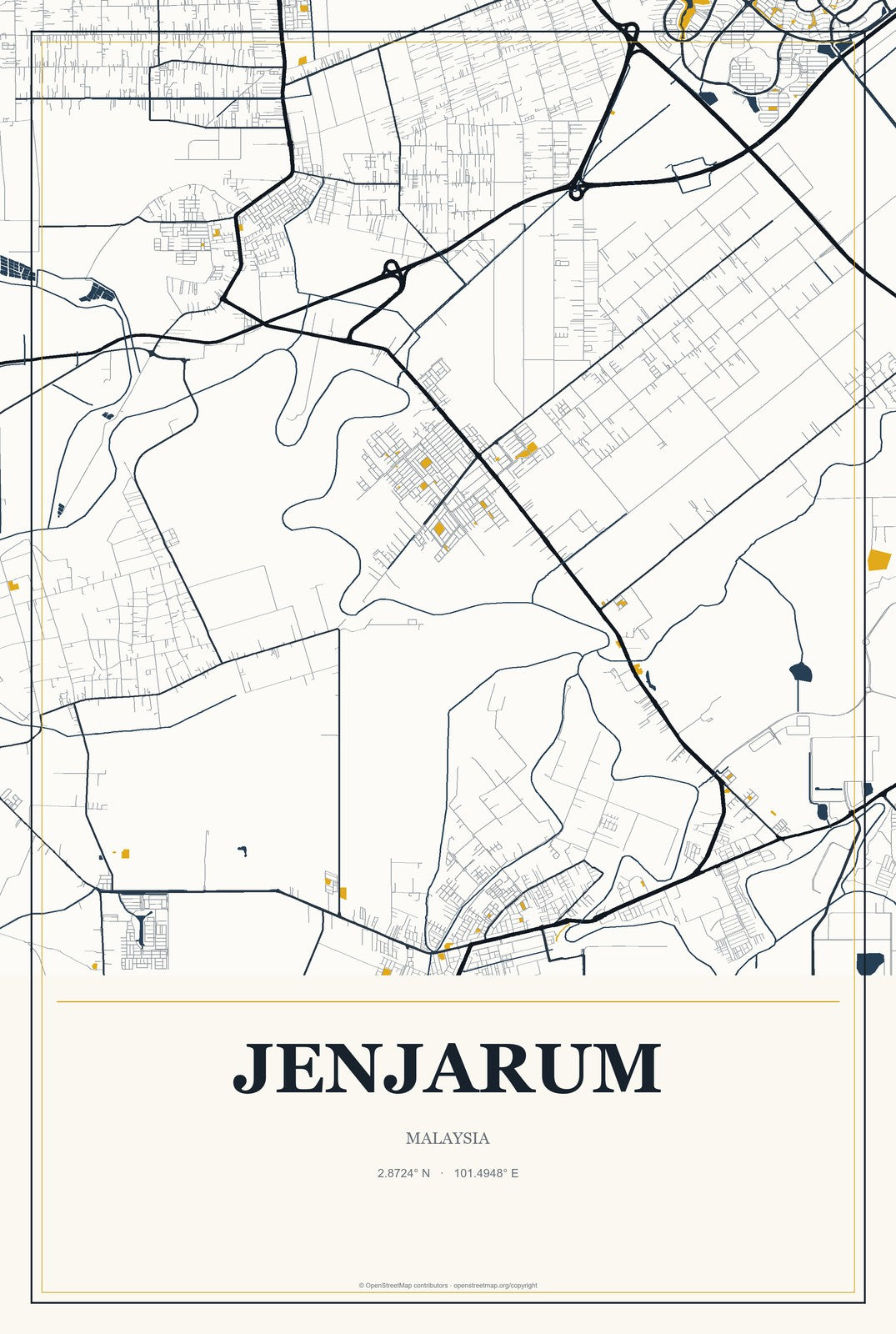 Jenjarum, Malaysia City Map Aluminum Sign in Citrine Modern style
