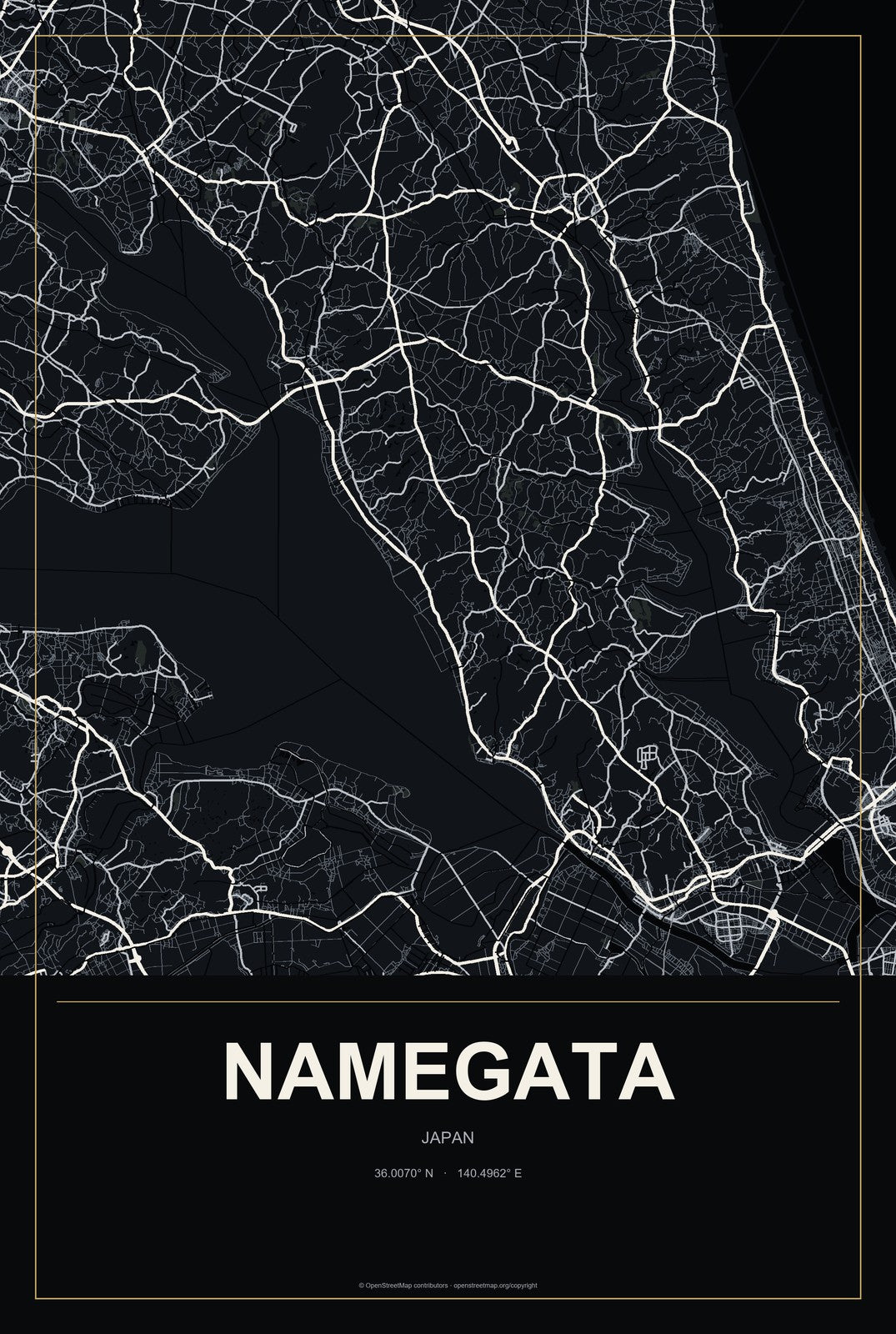 Namegata, Japan City Map Aluminum Sign in Metropolitan Noir style