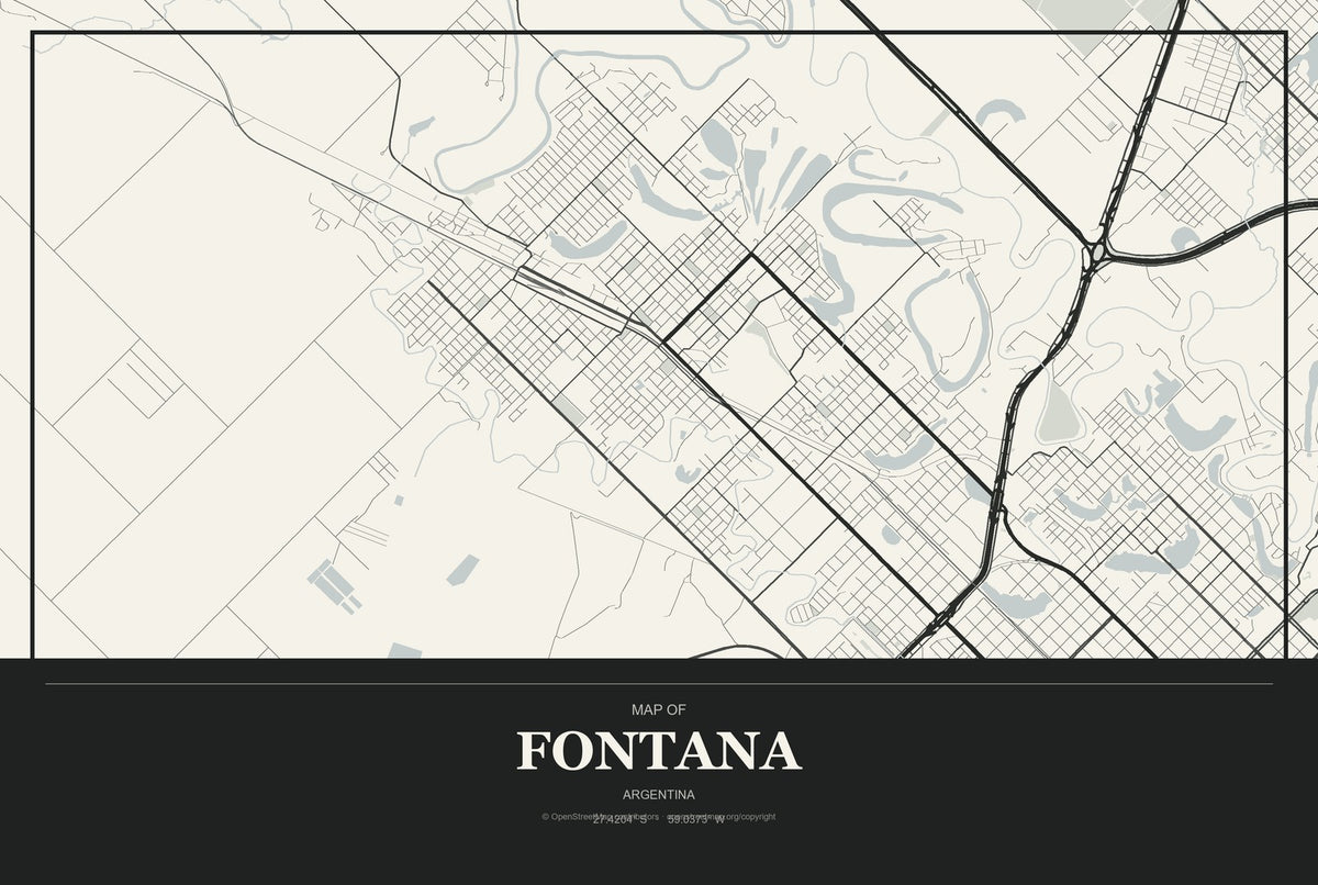 Fontana, Argentina City Map Aluminum Sign in Museum Plaque style